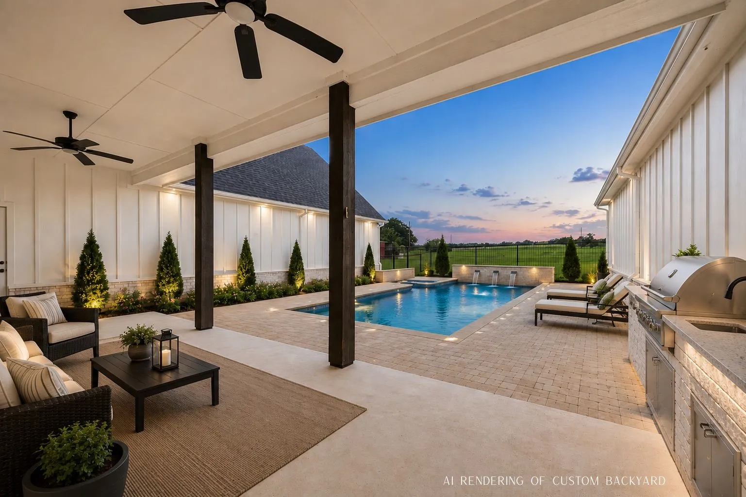 **AI rendering of a pool in back courtyard**  Gas stub for future outdoor kitchen