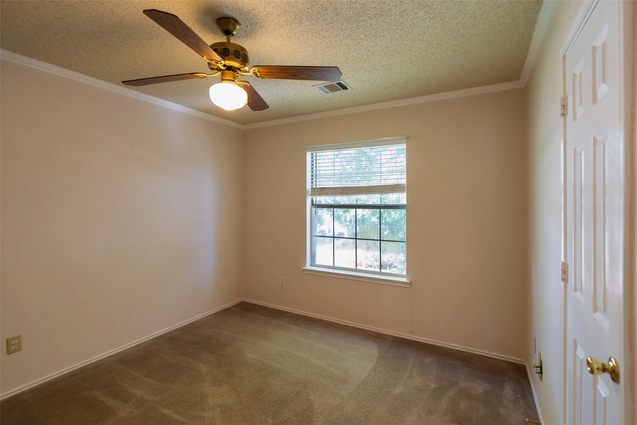 Spacious secondary bedroom with crown molding, ceiling fan and generous natural light