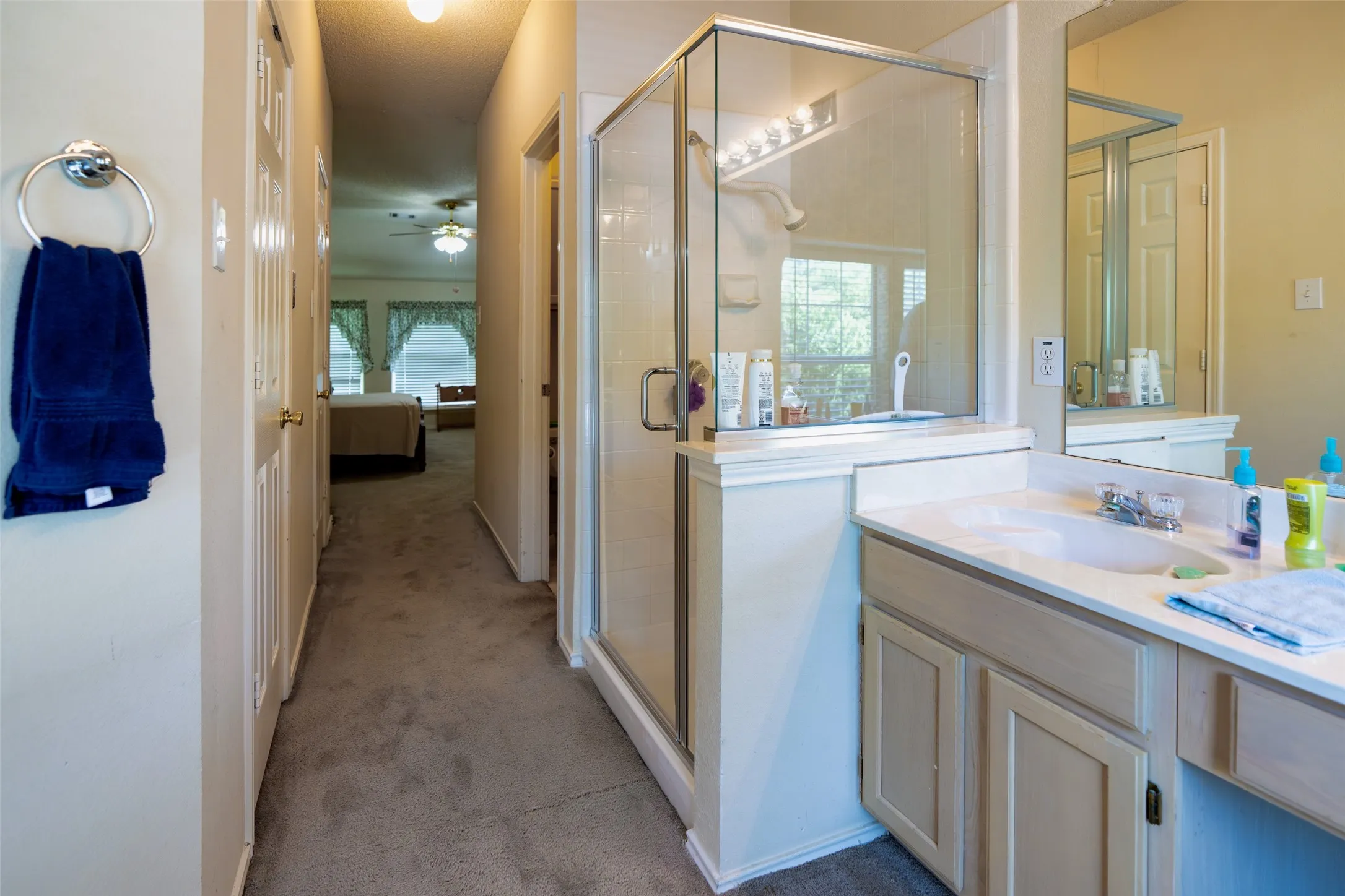 Spacious primary bath featuring a separate walk-in shower and an extended vanity