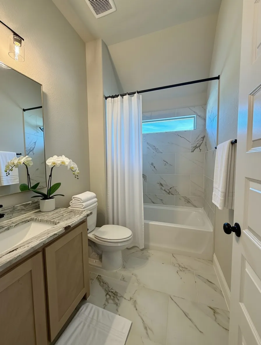 Bath 2 has a window for natural light, Diego Gold Quartz counters, Champagne Shaker cabinets, and 12x24 marble style tile walls & floors