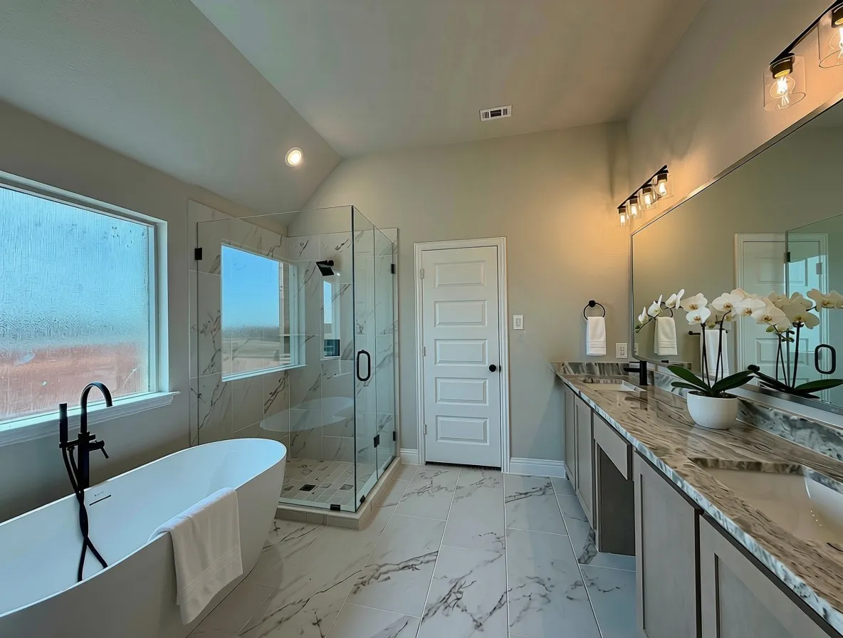 Spa-like master bathroom with Fantasy Brown Granite counters, champagne cabinets, and 12x24 marble-style tile on walls & floors