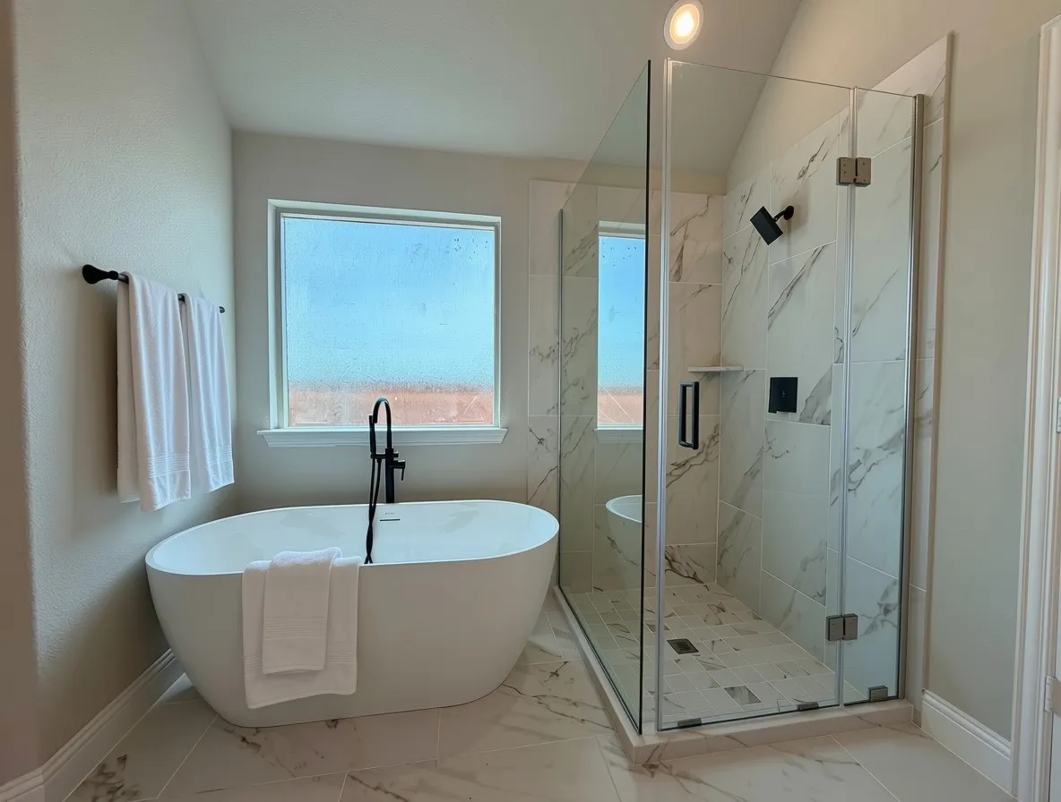Freestanding tub and Framless glass shower with tile pan