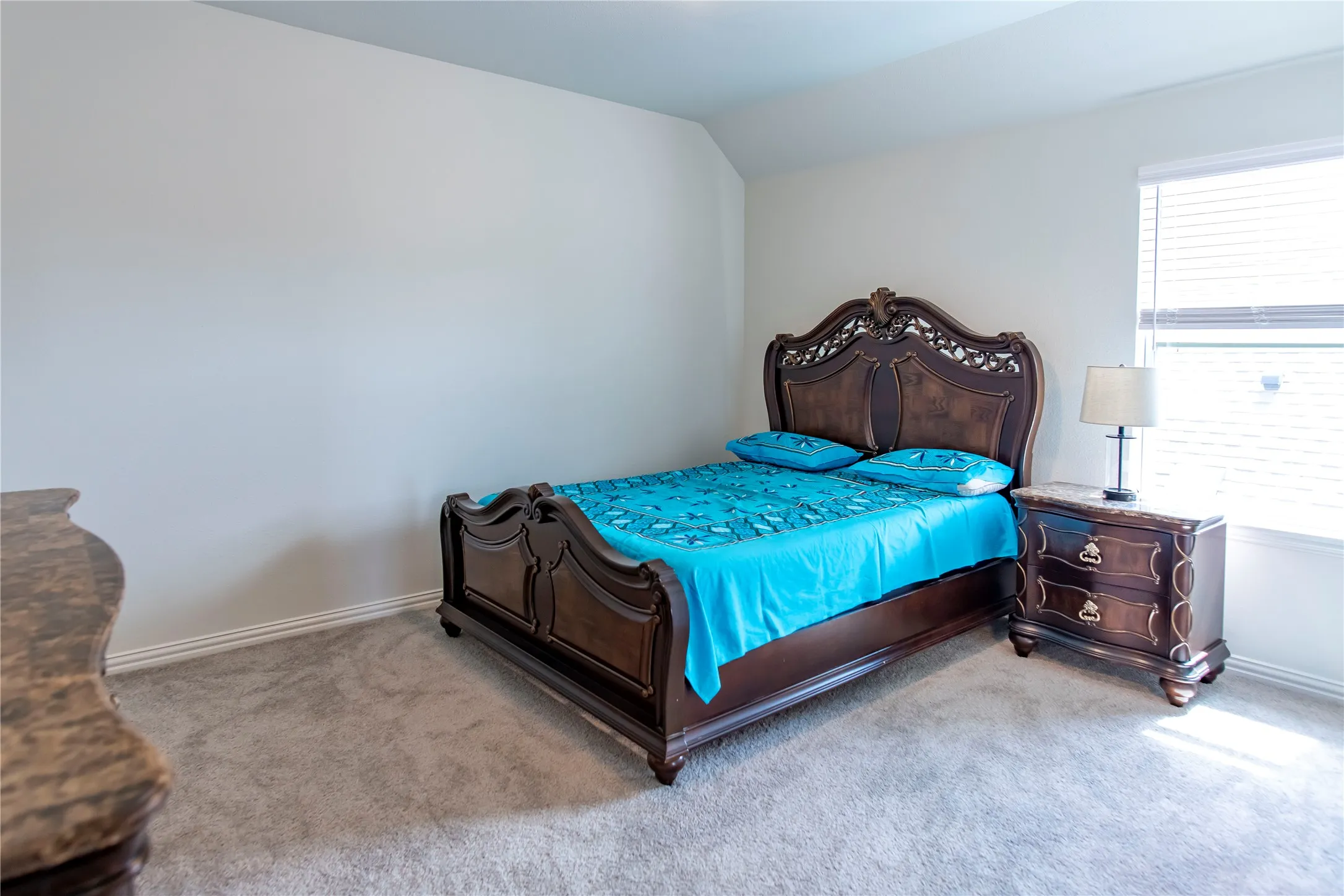 Light gray wall-to-wall carpeting complements the white painted walls