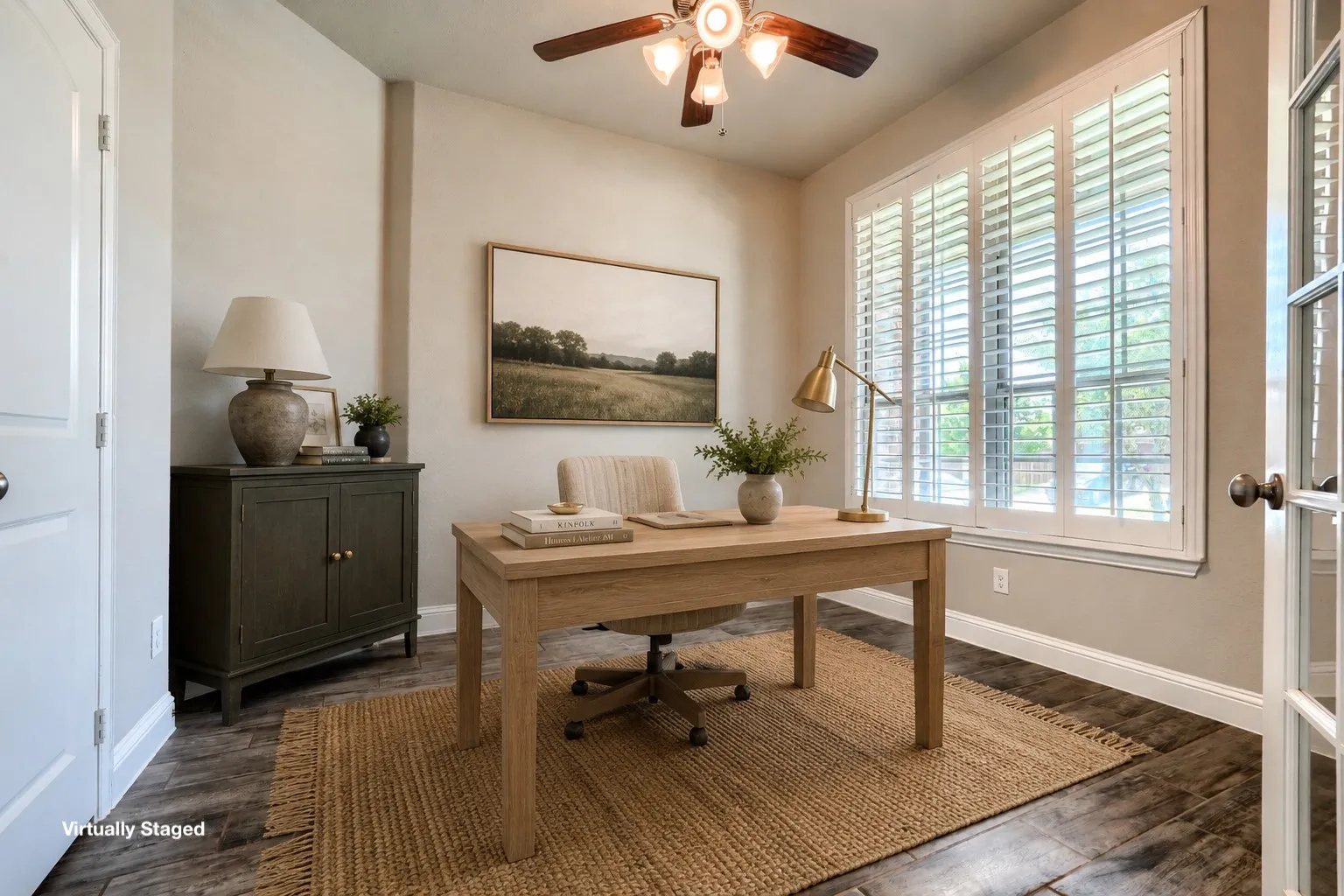 Flex room virtually staged as a home office.