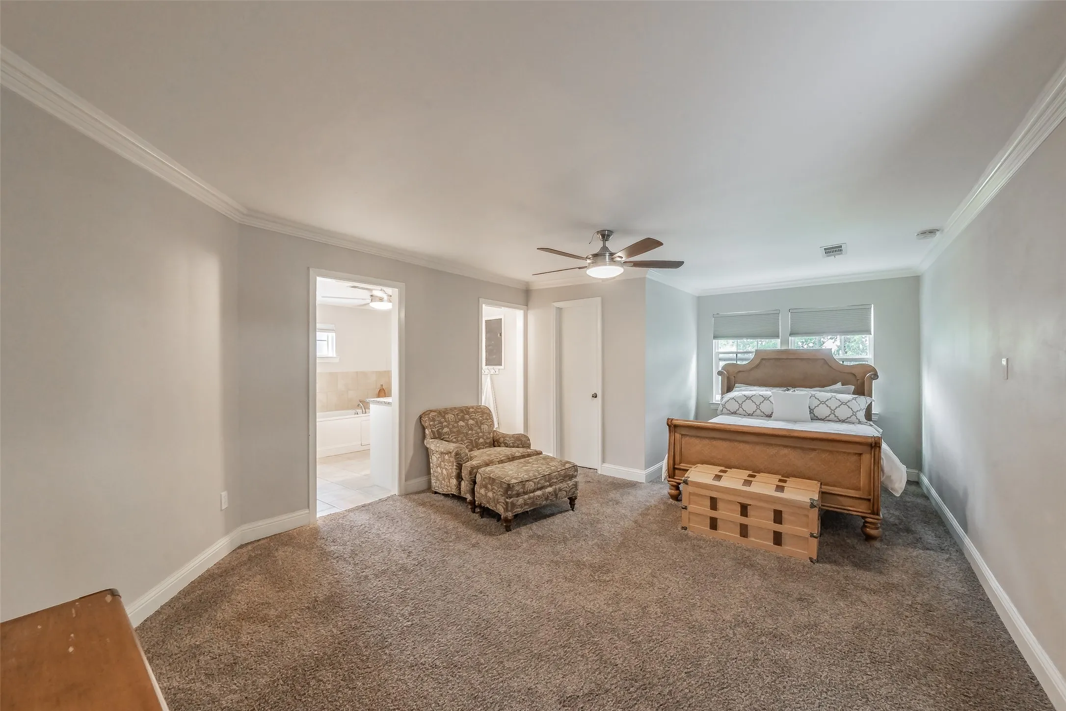 Spacious room featuring neutral carpeting, crown molding, a ceiling fan with integrated lighting, and multiple windows with blinds