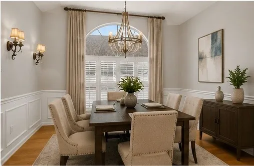 Formal dining area featuring a large arched window with plantation shutters, wainscoting, wood-finish flooring, and a decorative chandelier. Virtually staged