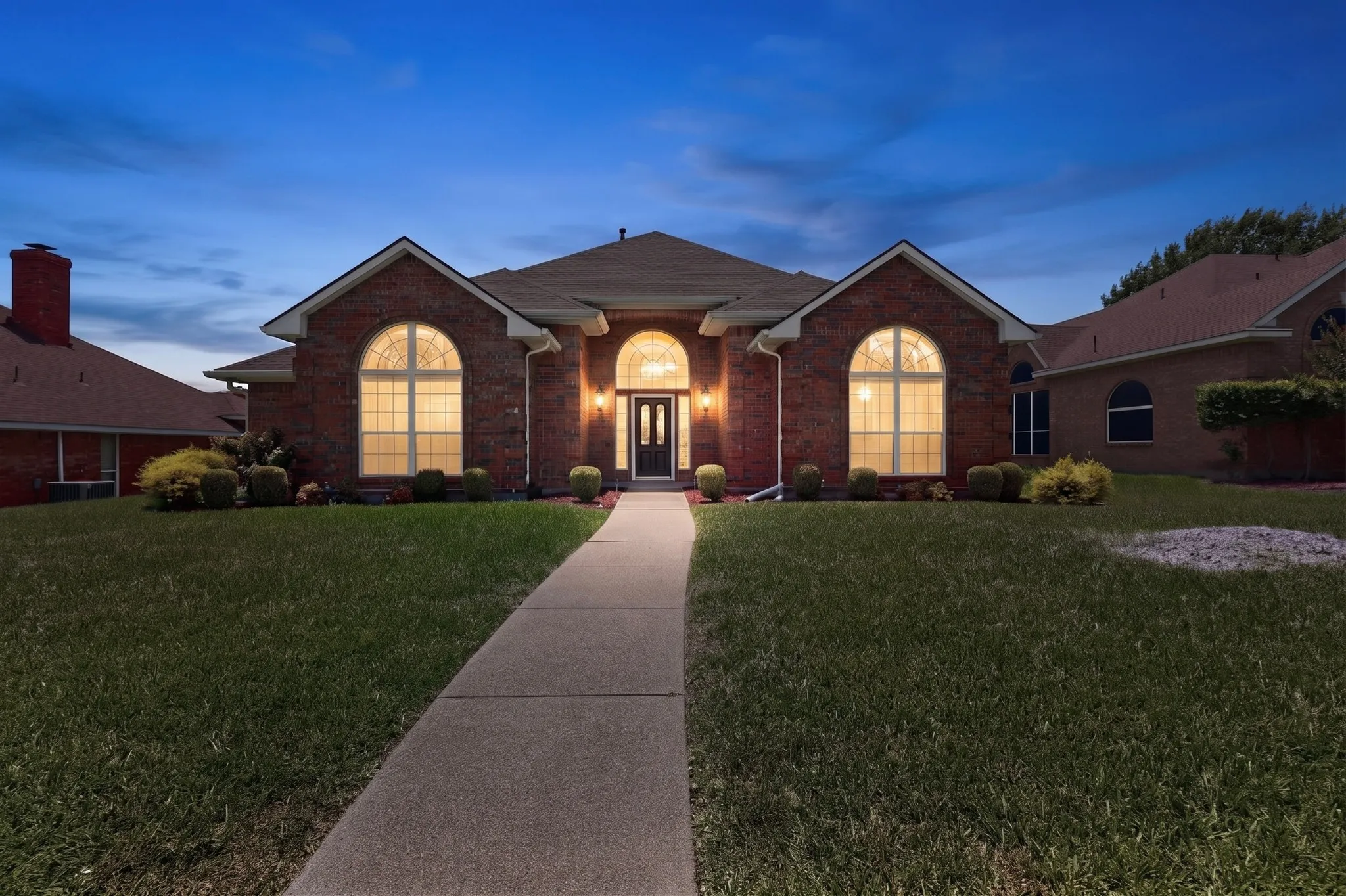 Brick exterior residence featuring arched windows and a prominent entry