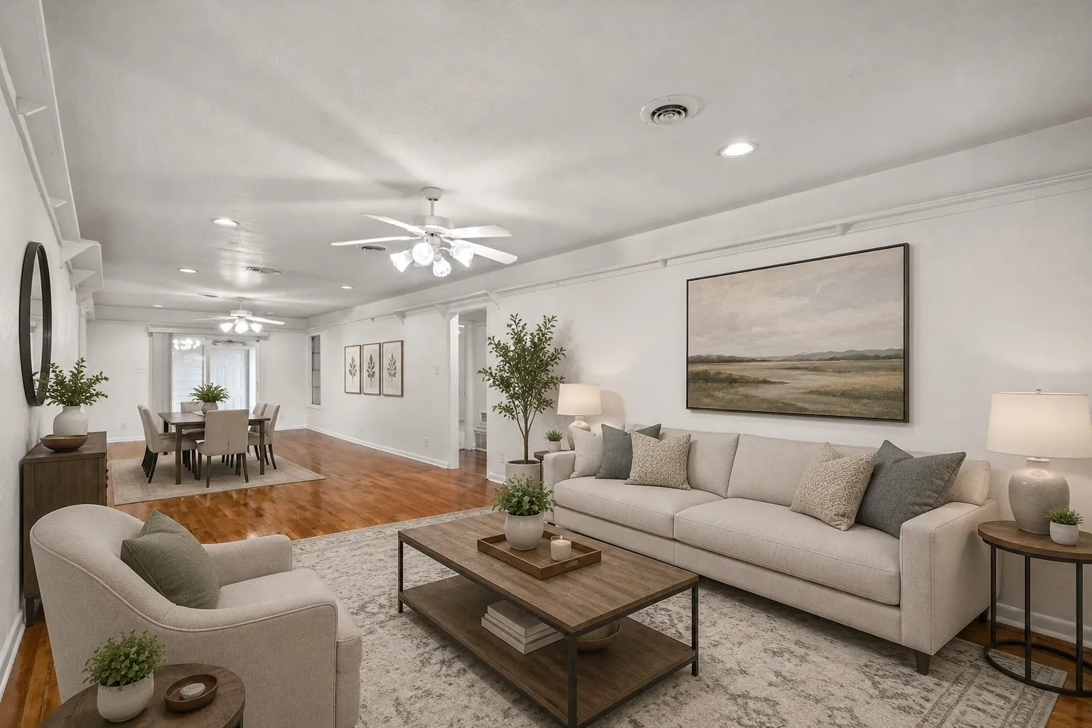 Staged photo of living and dining areas
