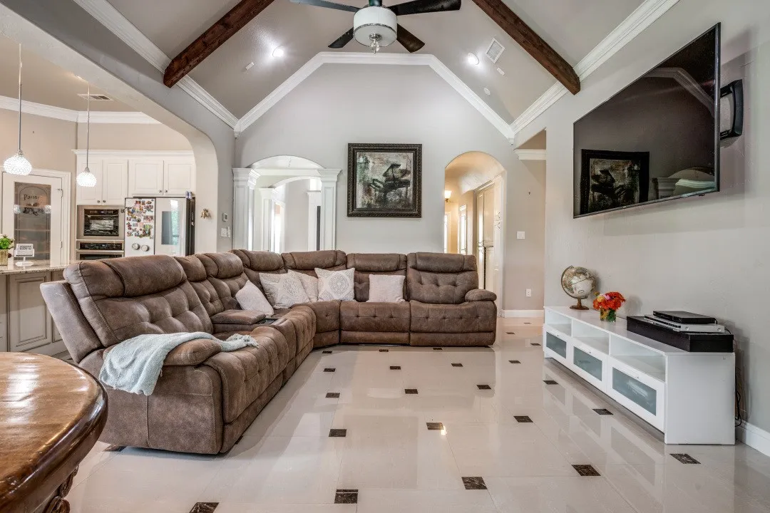 Vaulted ceiling with exposed wood beams