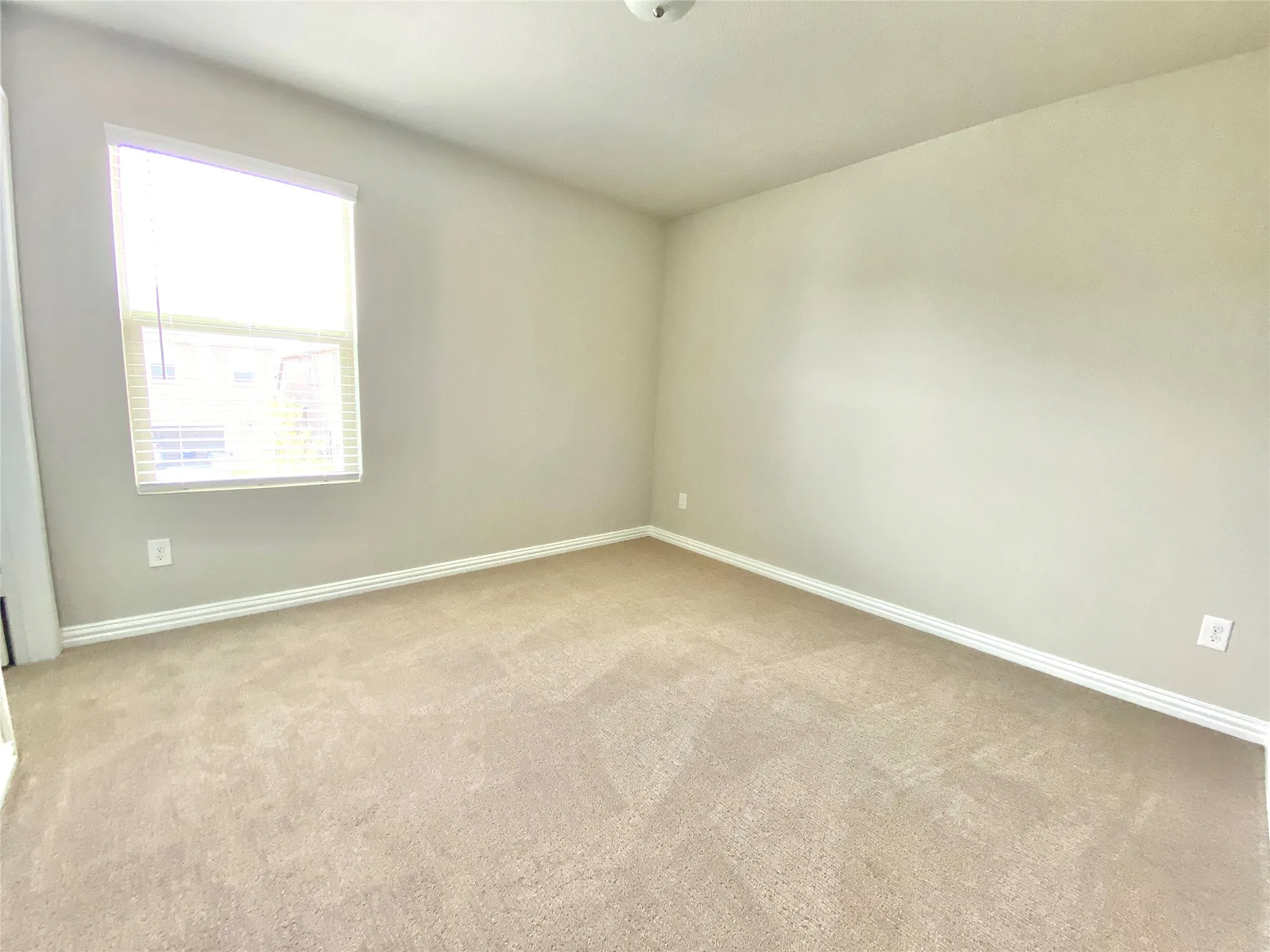Carpeted room featuring neutral wall tones, white baseboards, and a window with blinds