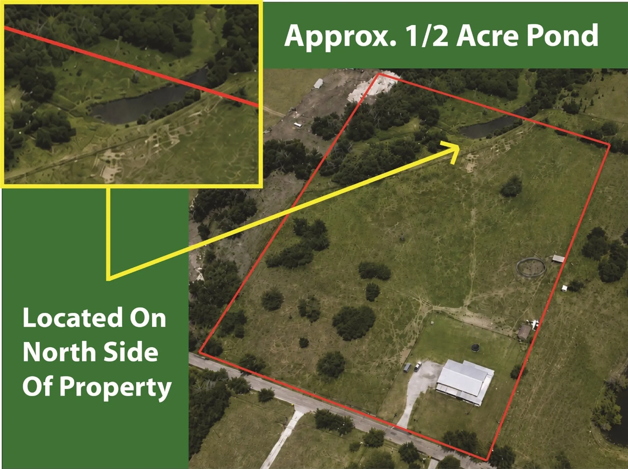 Approx 1/2 acre pond at north end of property. Boundary lines and measurements are approximate.