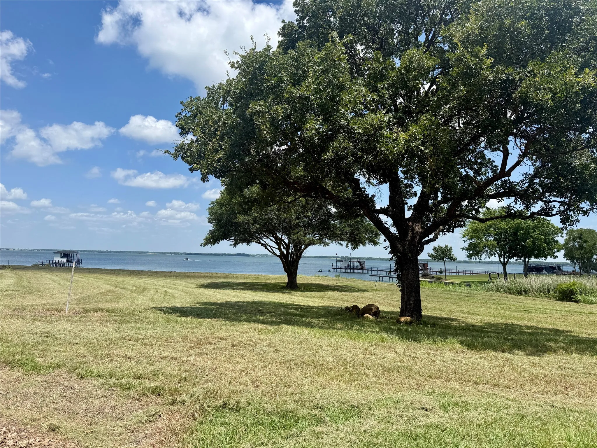 Mature shade trees create a beautiful backdrop for luxury lakefront living.