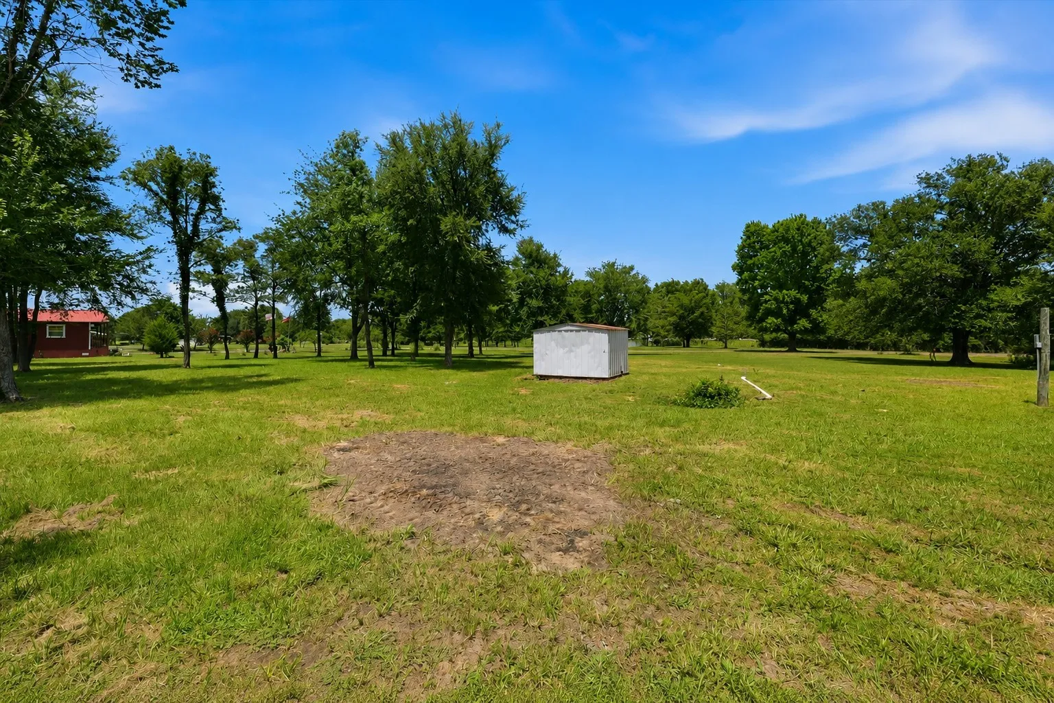 Expansive green lawn with scattered mature trees and a detached shed
