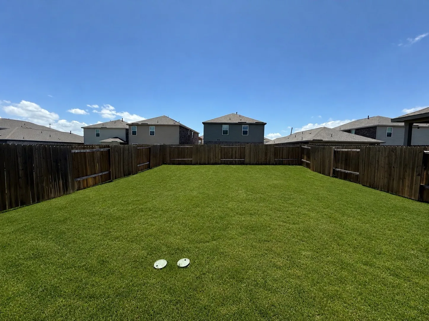 Expansive backyard featuring a lush green lawn, full wood-plank fencing, and a clear sky