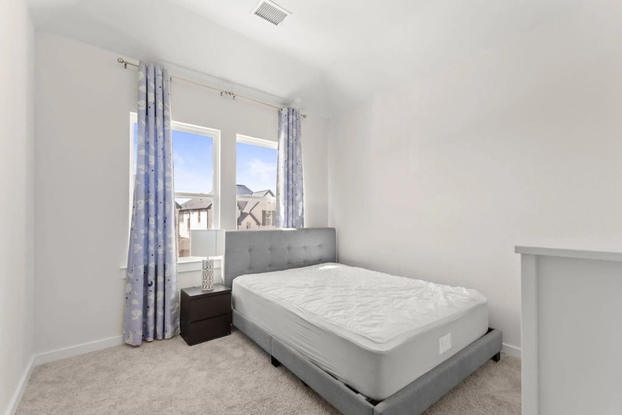 Room featuring two tall windows, light-toned walls, and soft carpet flooring
