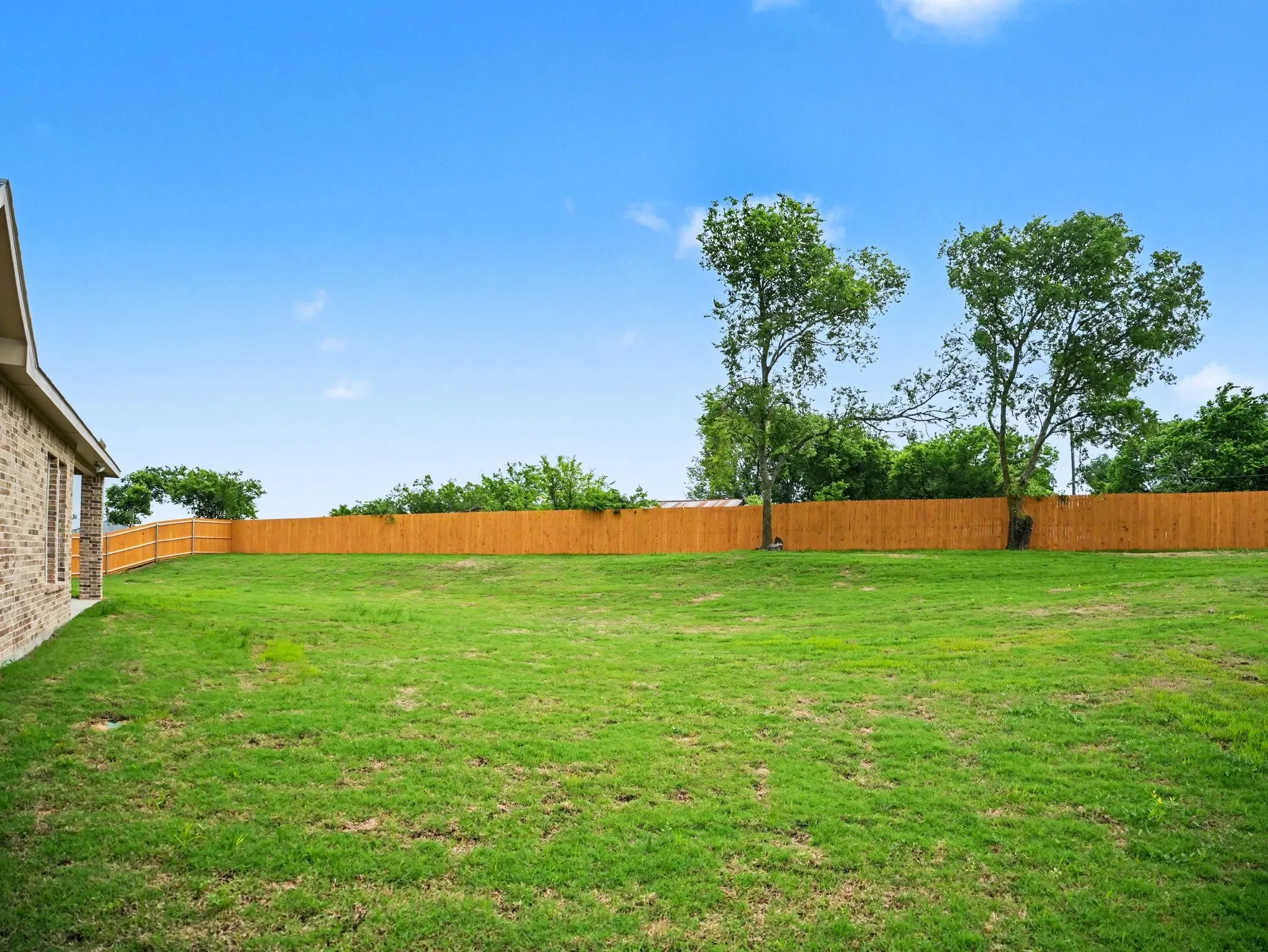 Expansive lawn area featuring a newly installed privacy fence