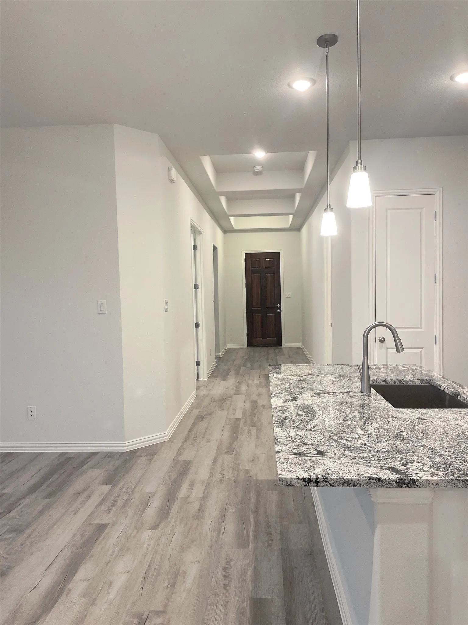 Kitchen featuring a raised ceiling, light wood-style flooring, light stone counters, pendant lighting, and a sink
