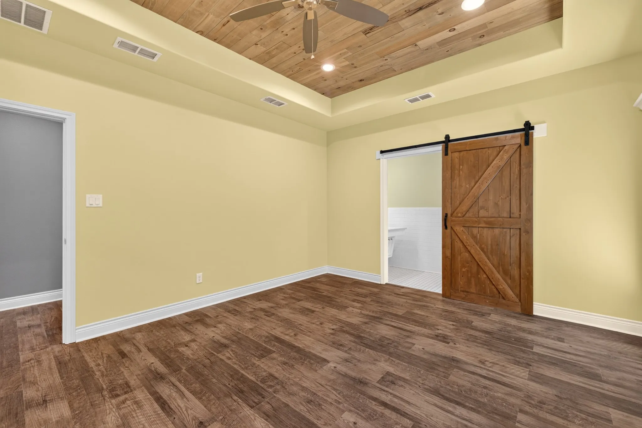 Wood-finish flooring with white trim