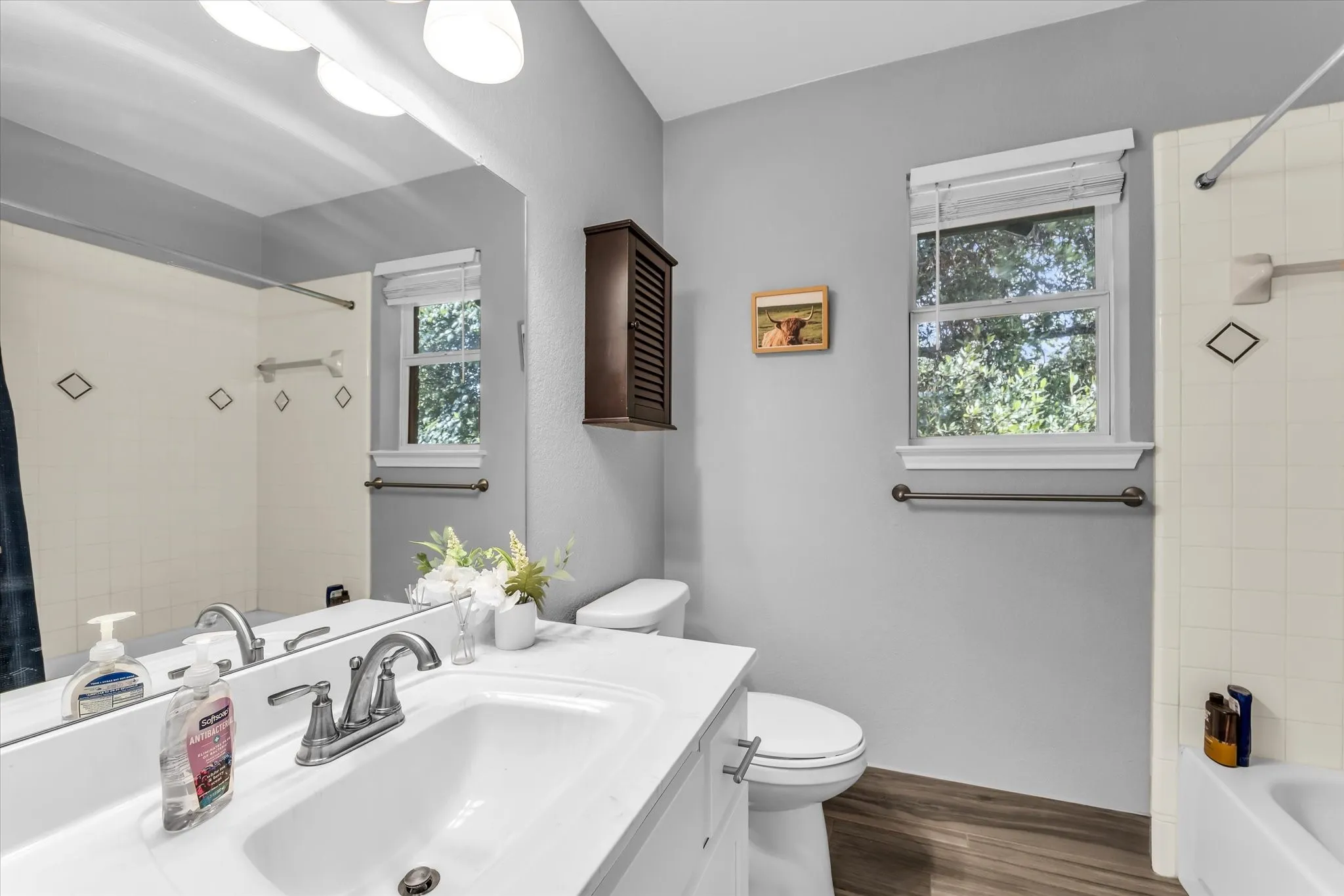 Bathroom featuring a white vanity with a sink, brushed nickel faucet, faux wood-finish flooring, and light gray walls