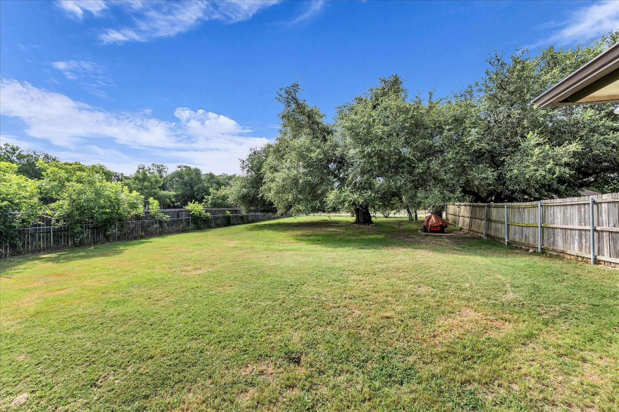 Expansive green lawn with mature trees and a wood privacy fence