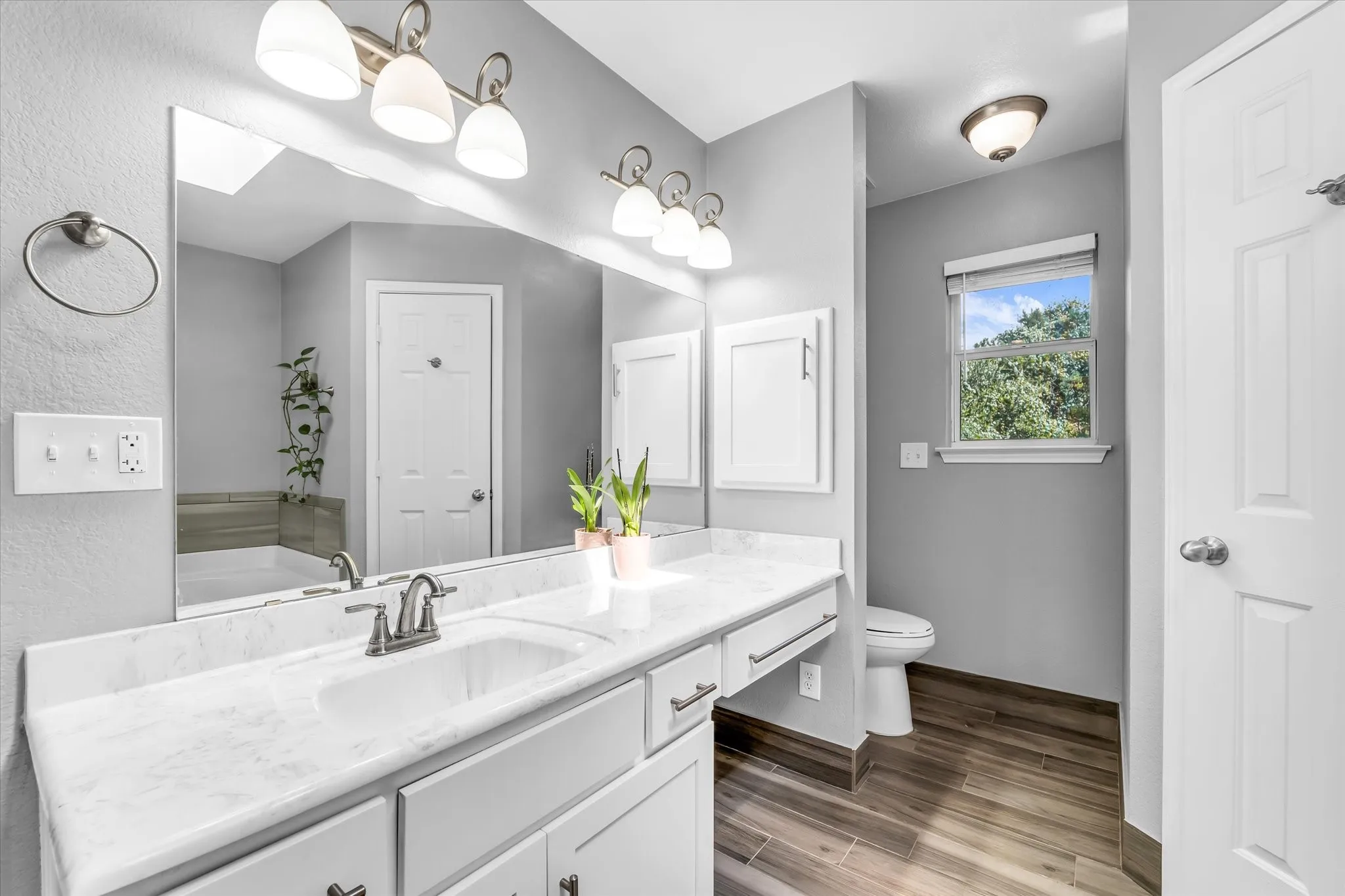 Vaulted ceiling bedroom featuring light gray walls.