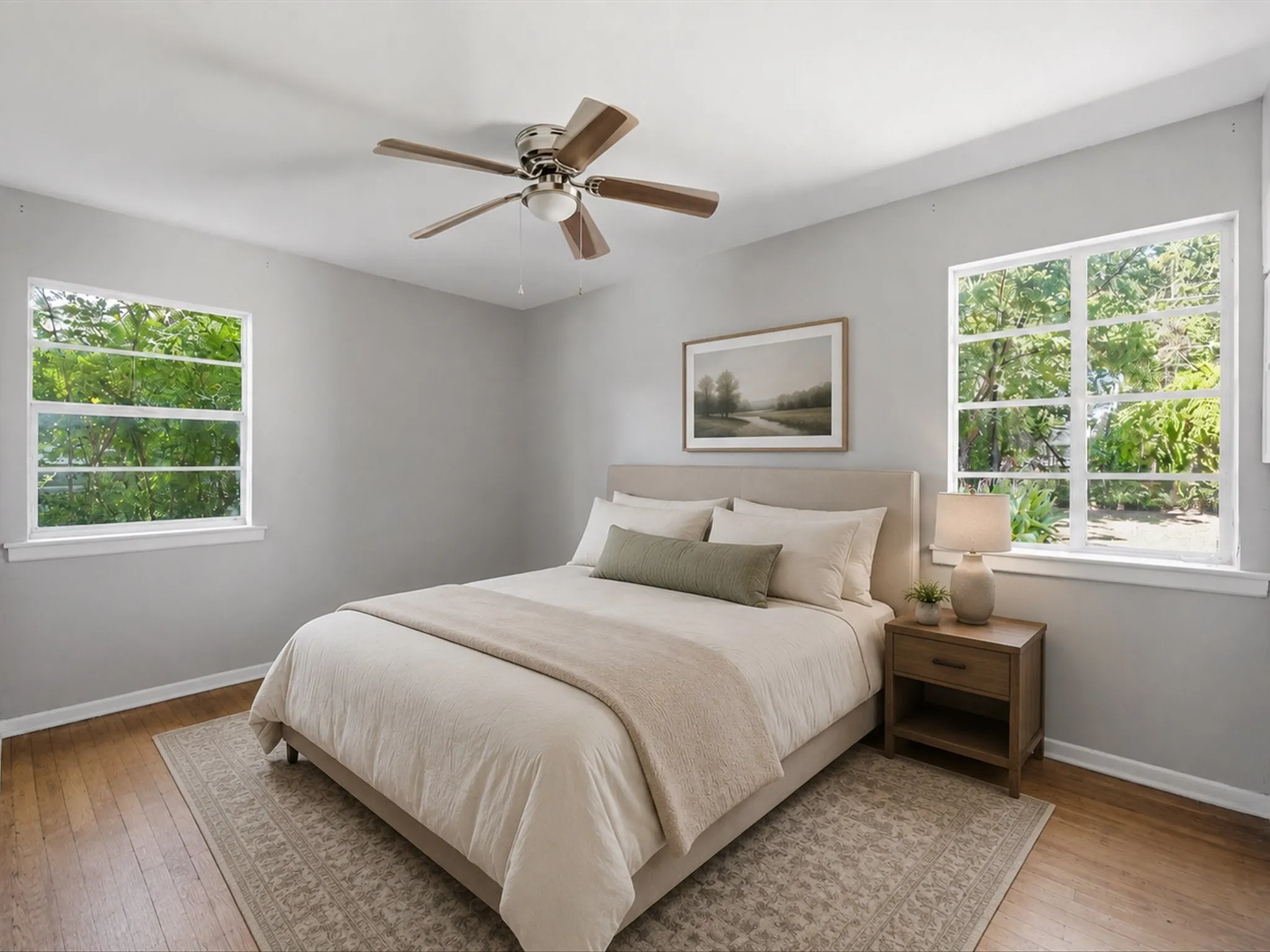 Virtually staged Bedroom featuring two windows, a ceiling fan with light fixture, and wood-finish flooring