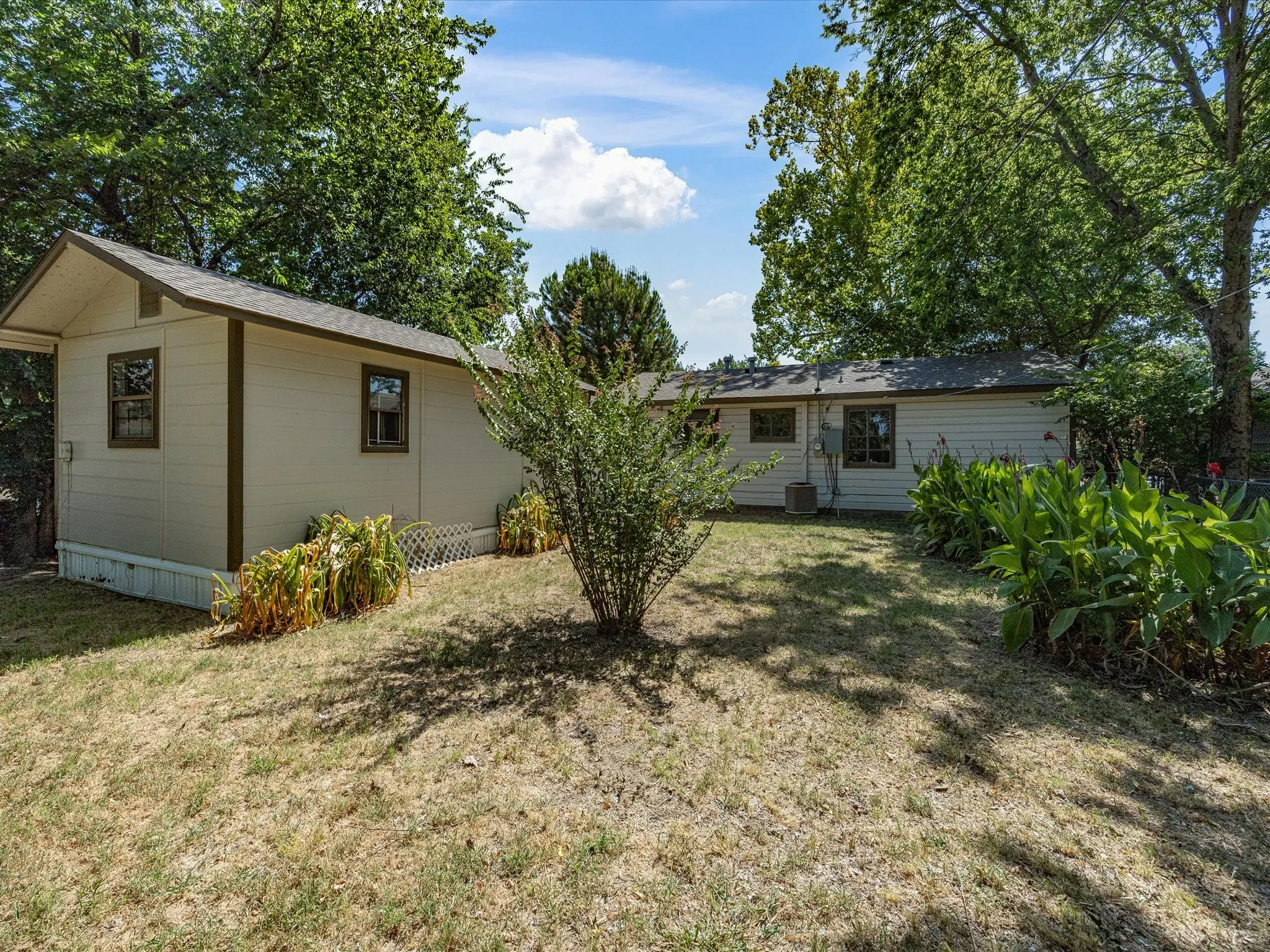 Expansive rear yard with mature trees providing ample shade