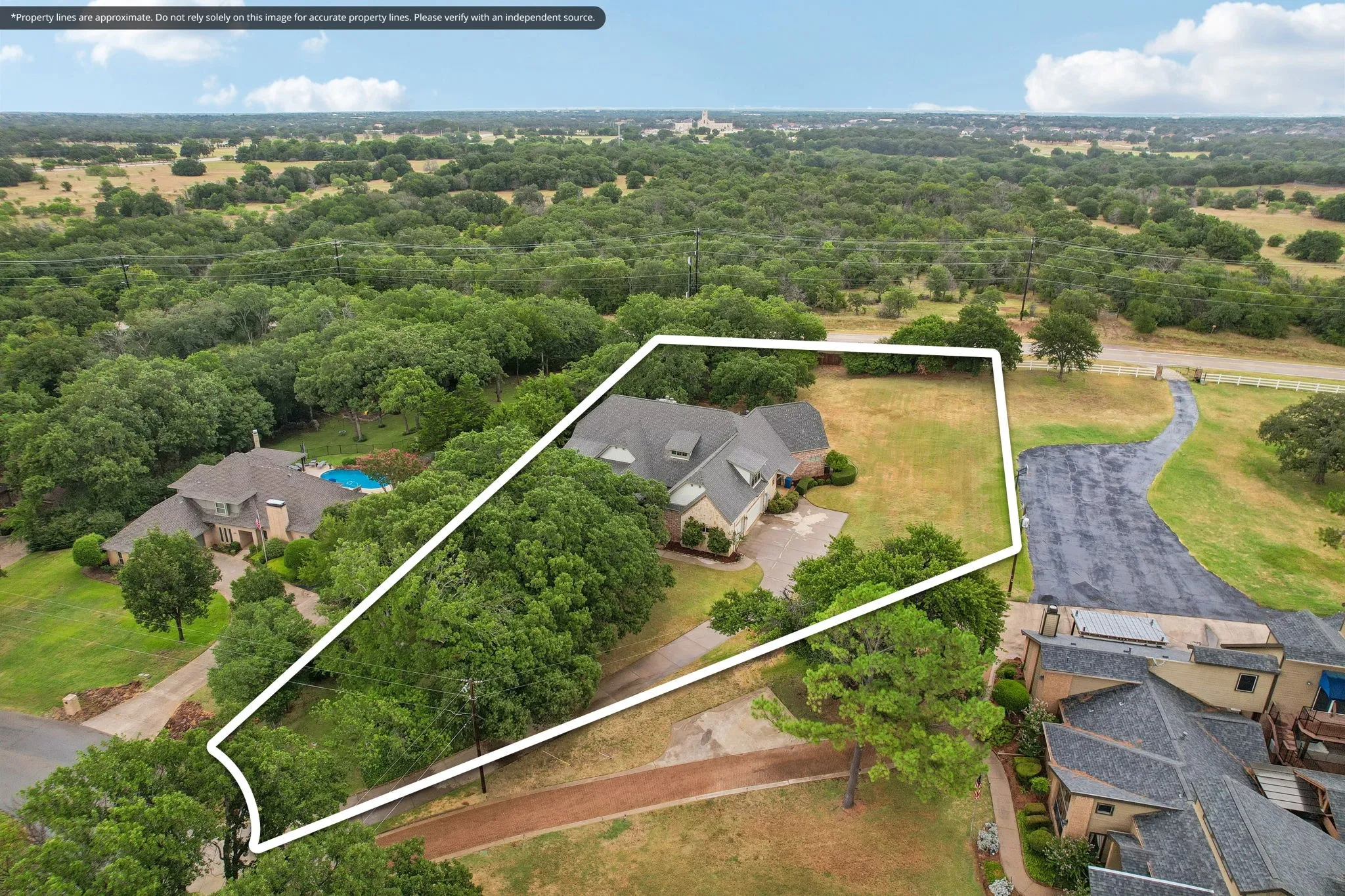 Aerial view showcasing a large residential property with mature tree coverage and a spacious lawn area