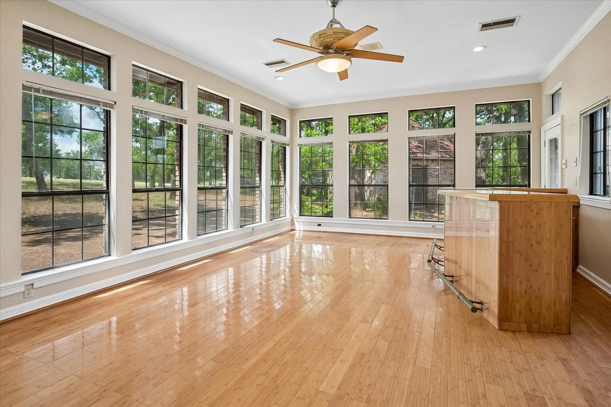 Sunroom with extensive window-lined walls, wood-finish flooring, and a built-in bar with a foot rail