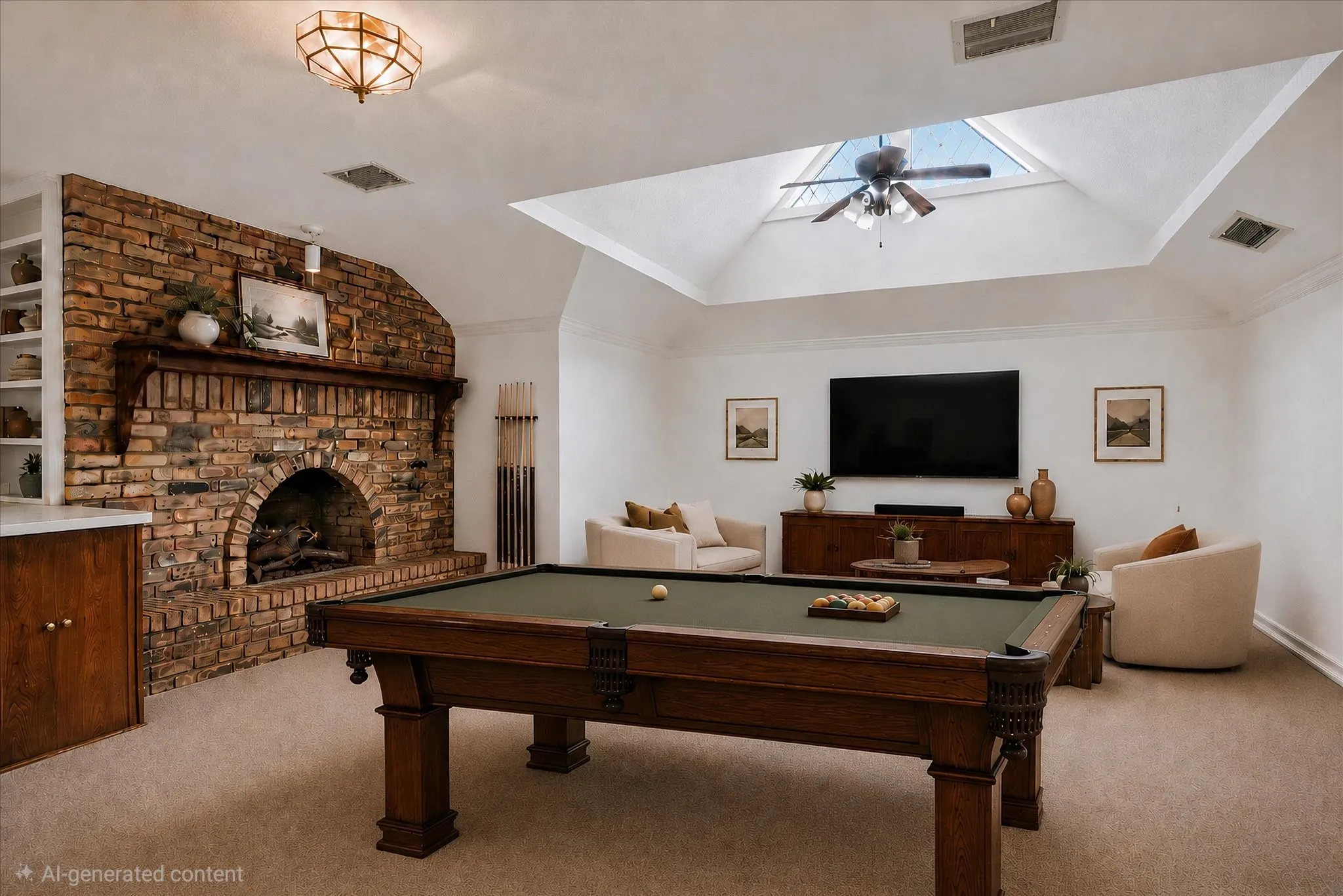 Spacious entertainment area featuring a vaulted ceiling with a skylight, a brick-faced fireplace with hearth, and built-in shelving