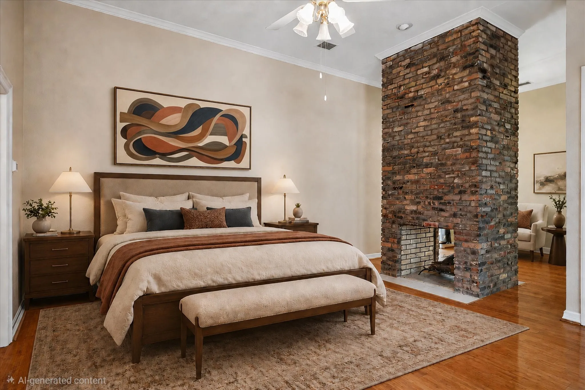 Room featuring a full-height brick fireplace, wood-finish flooring, crown molding, and a ceiling fan