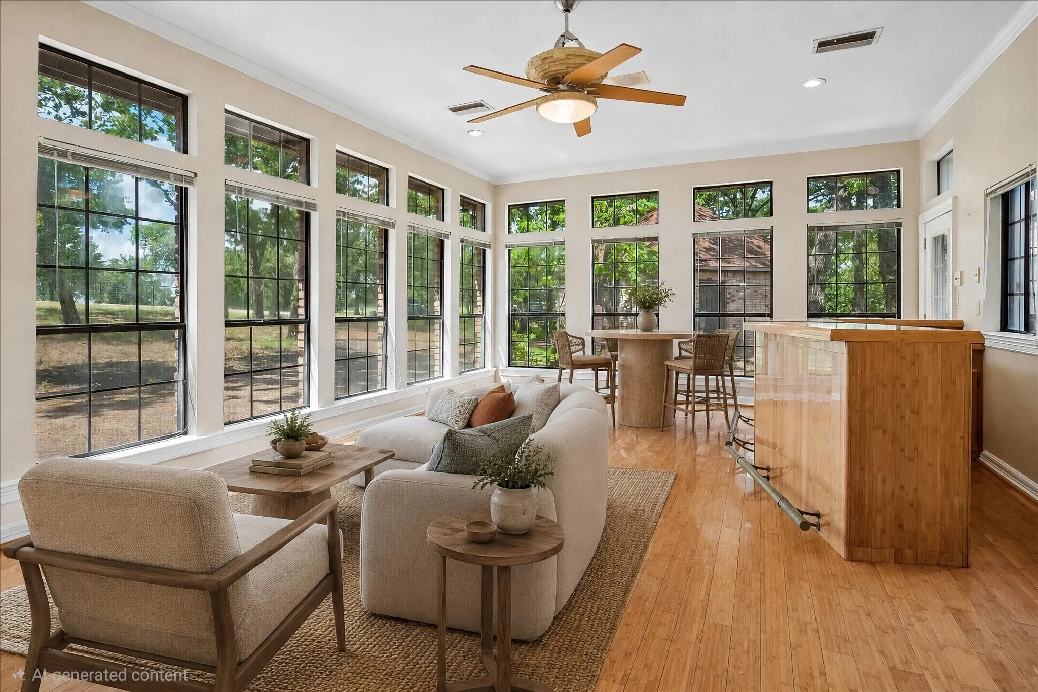 Sunlit interior space featuring extensive window banks, wood-finish flooring, a built-in bar, recessed lighting, and a ceiling fan