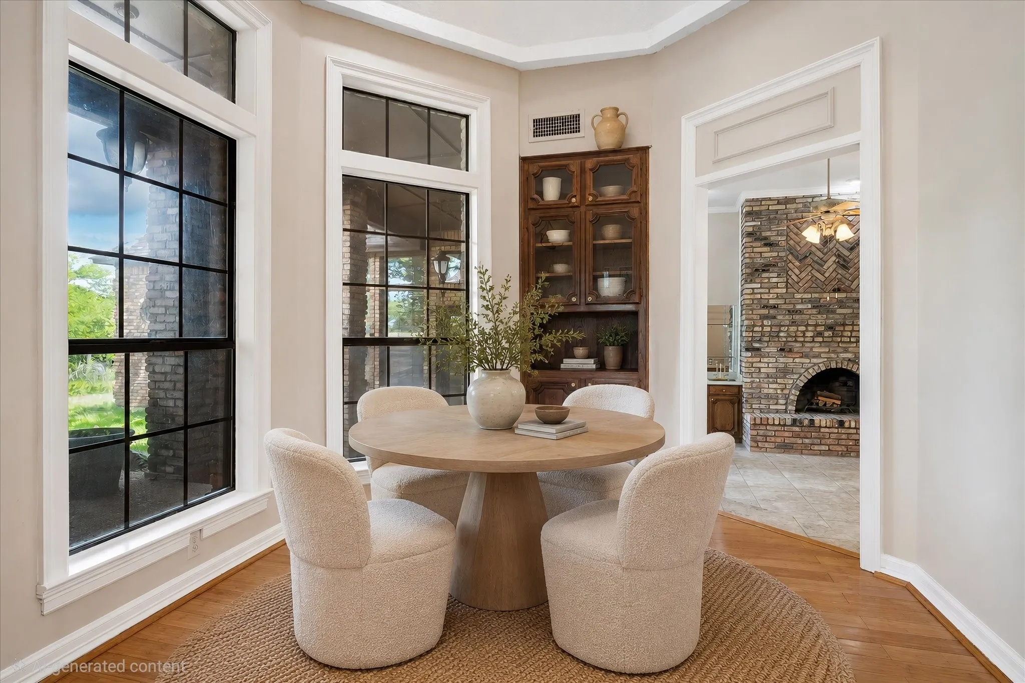 Dining area with wood-finish flooring, featuring expansive windows, a built-in wood-finish display cabinet, and a framed doorway