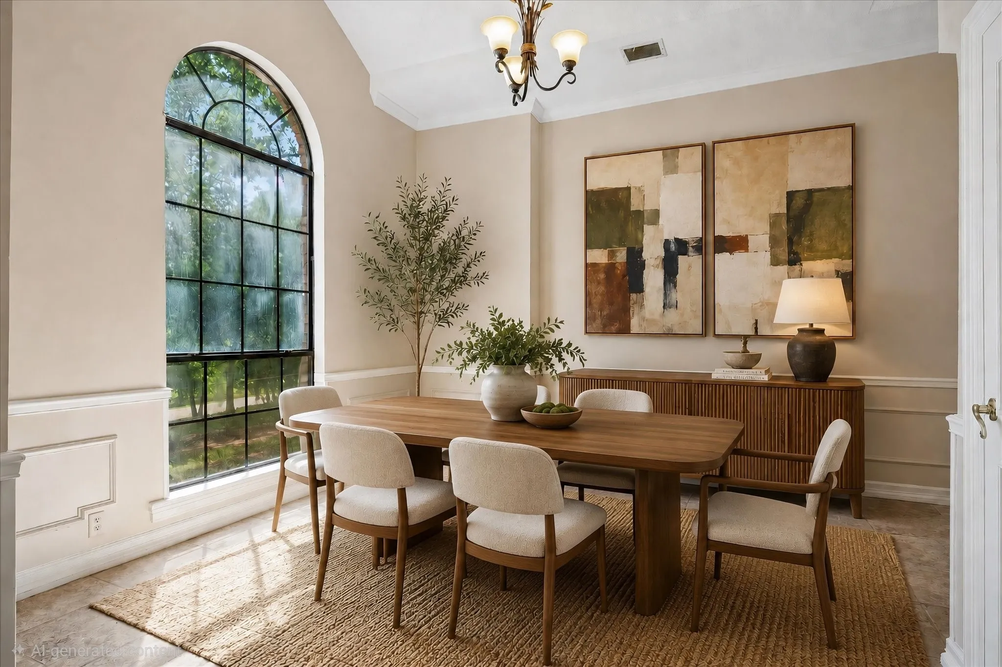 Grand arched window with black muntins