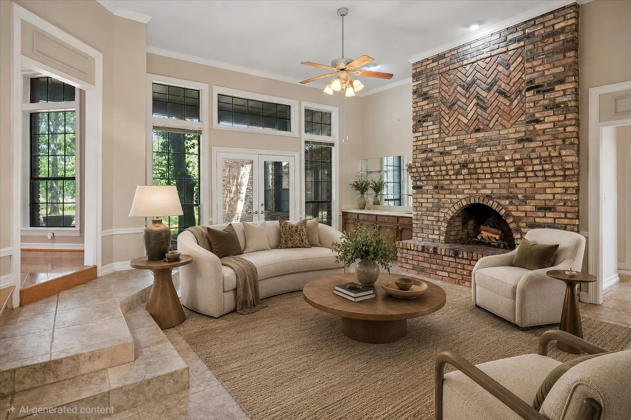 Spacious living area featuring a floor-to-ceiling brick fireplace with a decorative herringbone pattern, multiple large windows, glass French doors, a ceiling fan with integrated lighting, and tile flooring at the entry