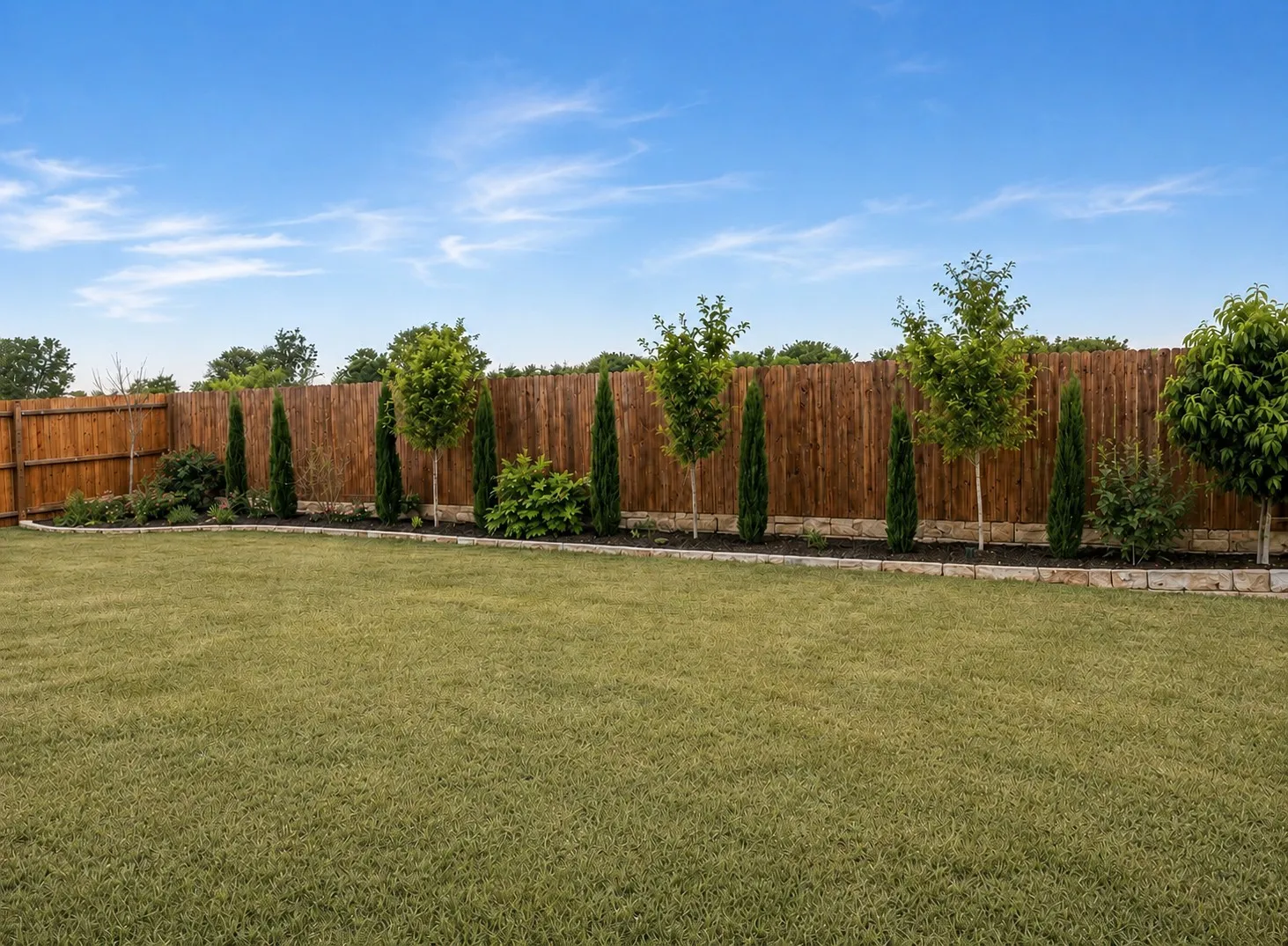 Expansive backyard featuring a lush lawn, wood privacy fencing, and a landscaped bed with diverse plantings