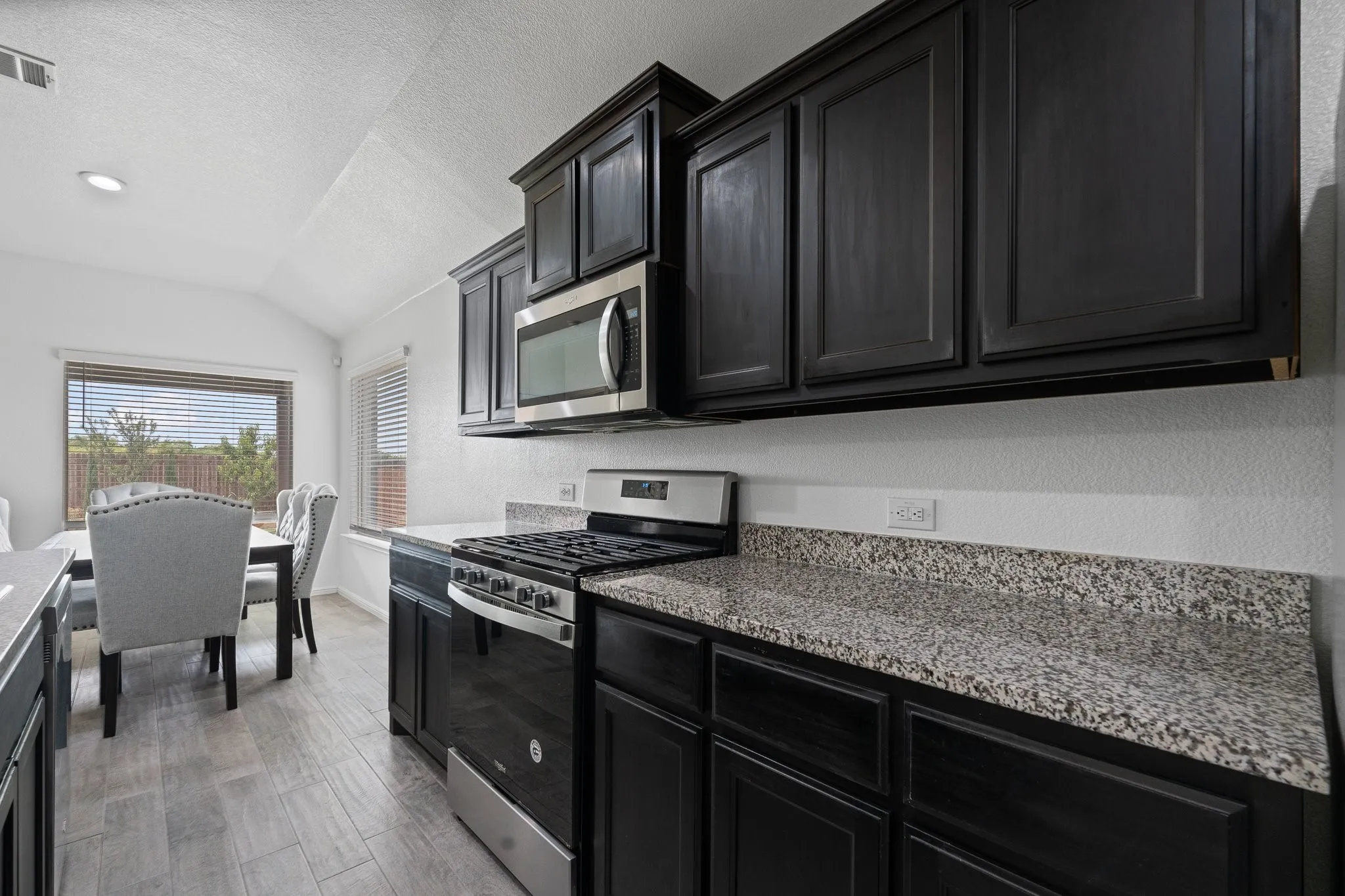 Kitchen featuring dark cabinetry, speckled countertops, stainless steel appliances, and wood-finish flooring