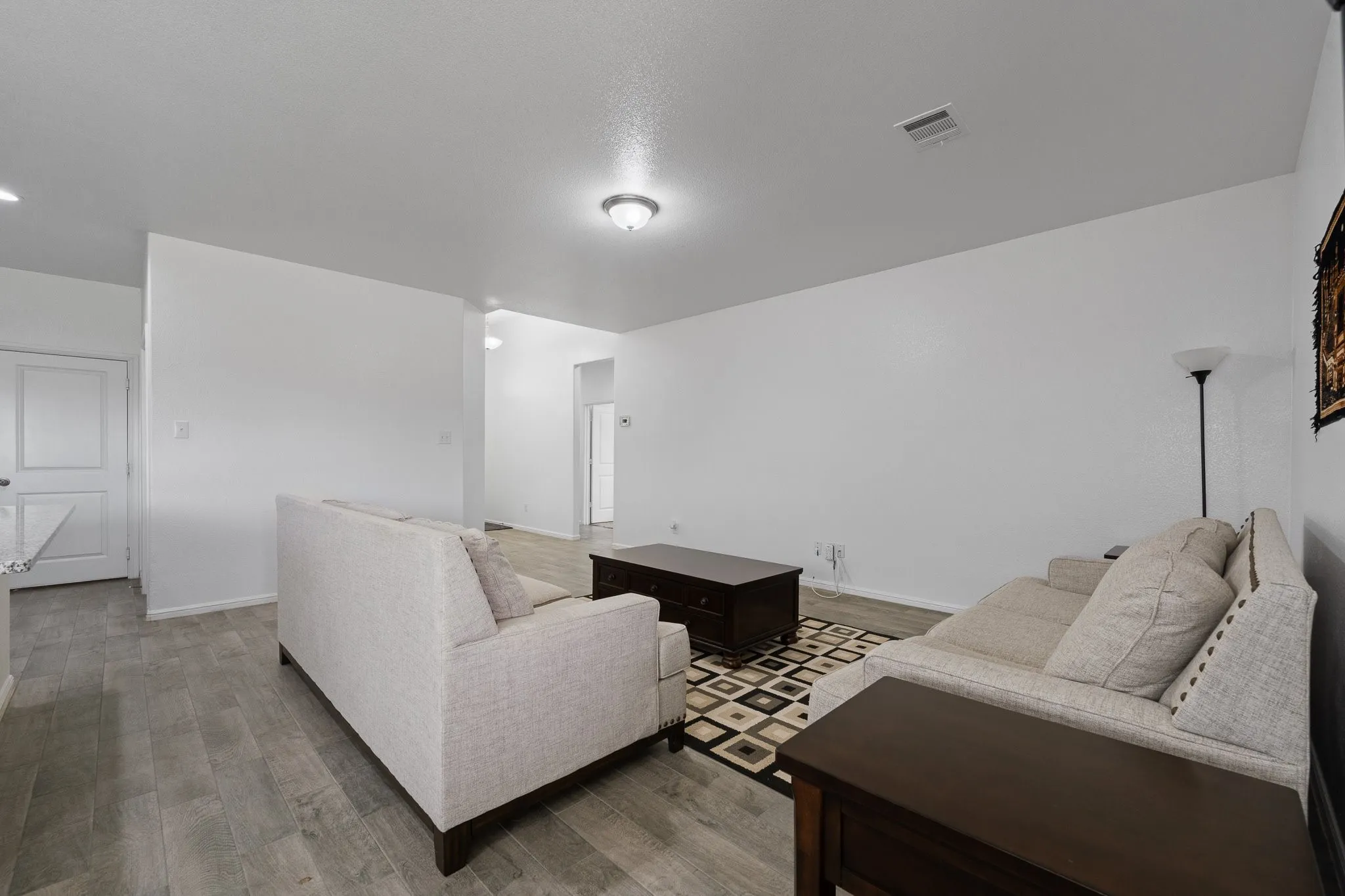 Open-concept living area featuring wood-finish flooring, recessed lighting, and a white interior door with contemporary hardware