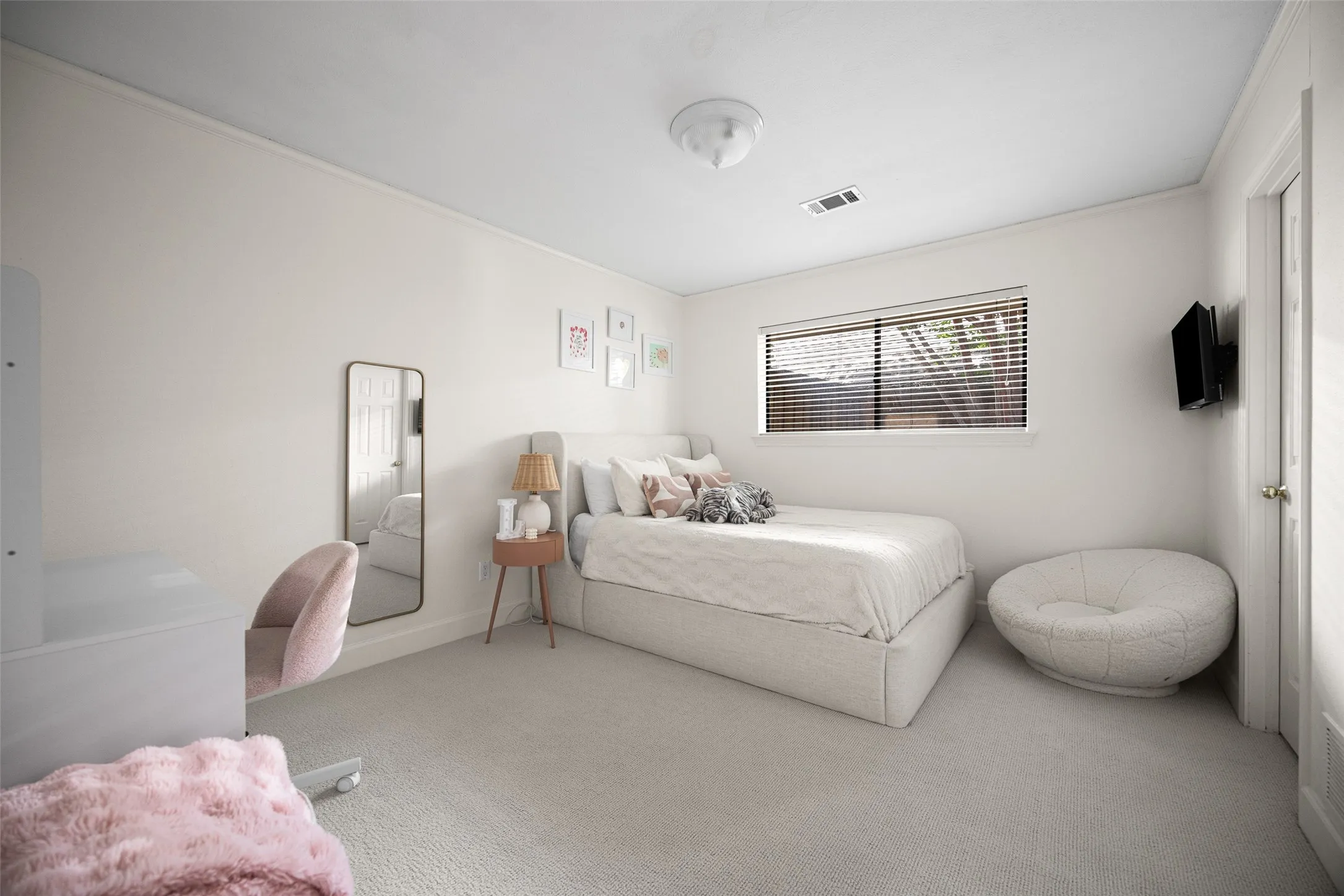 Light-filled bedroom featuring plush carpeting, a large window with blinds, and white wall finishes