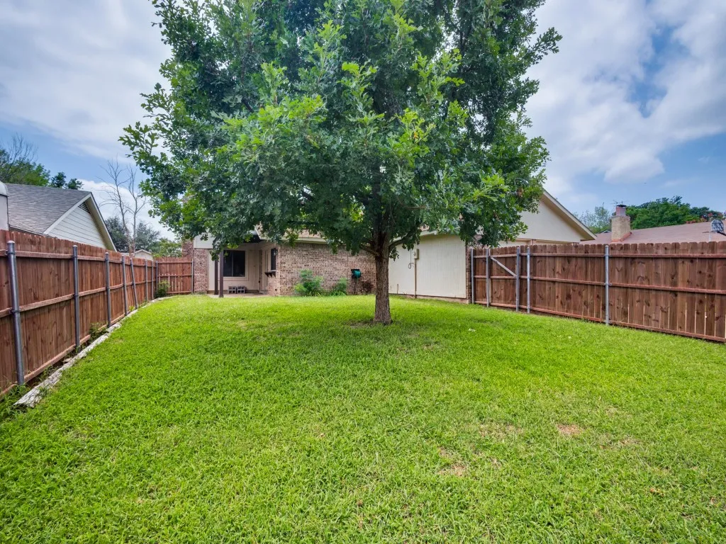 Spacious fenced backyard featuring a mature tree, vibrant green lawn, and a covered patio area