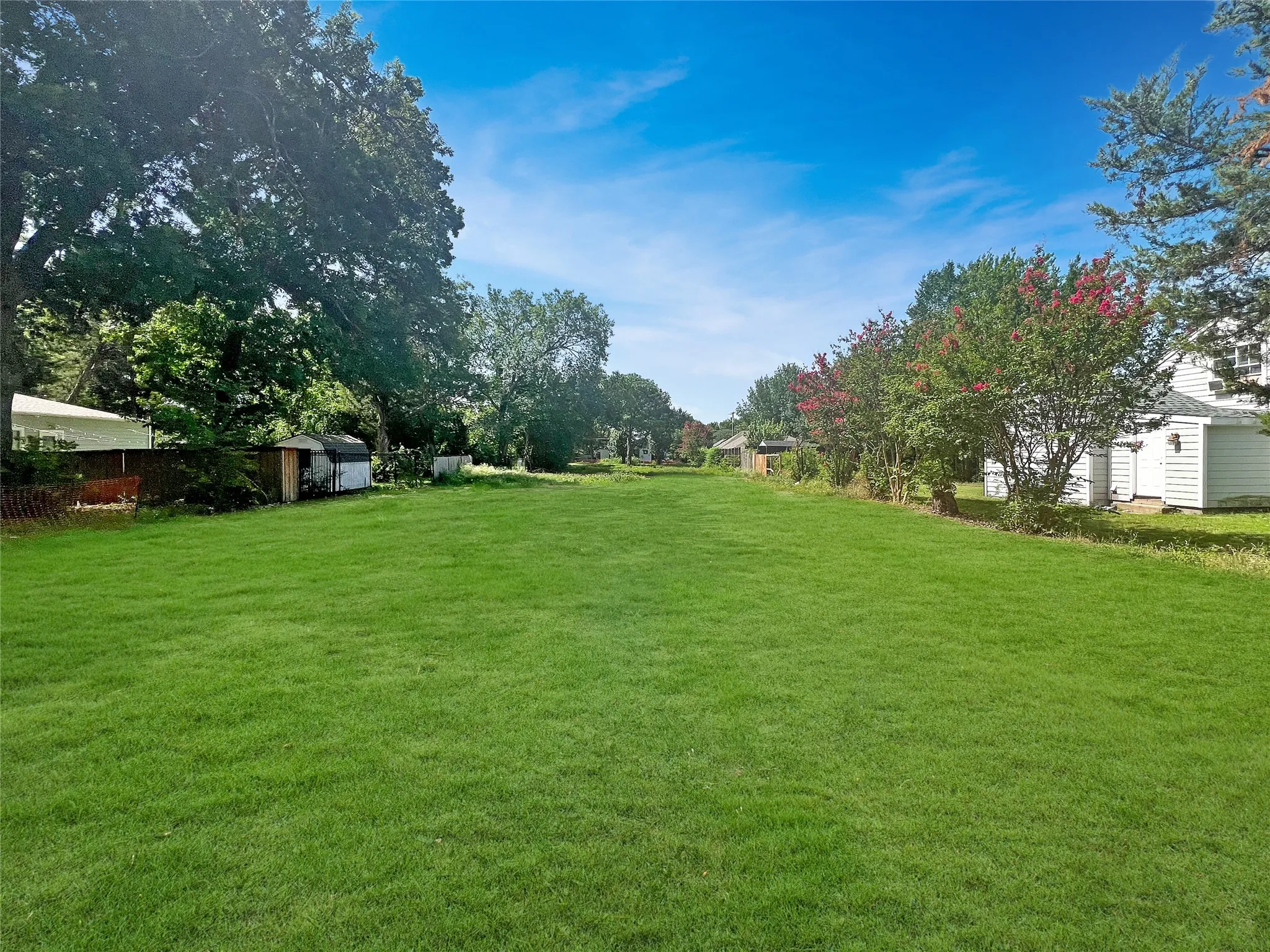 Expansive green space featuring a large lawn area, mature trees, and flowering shrubs