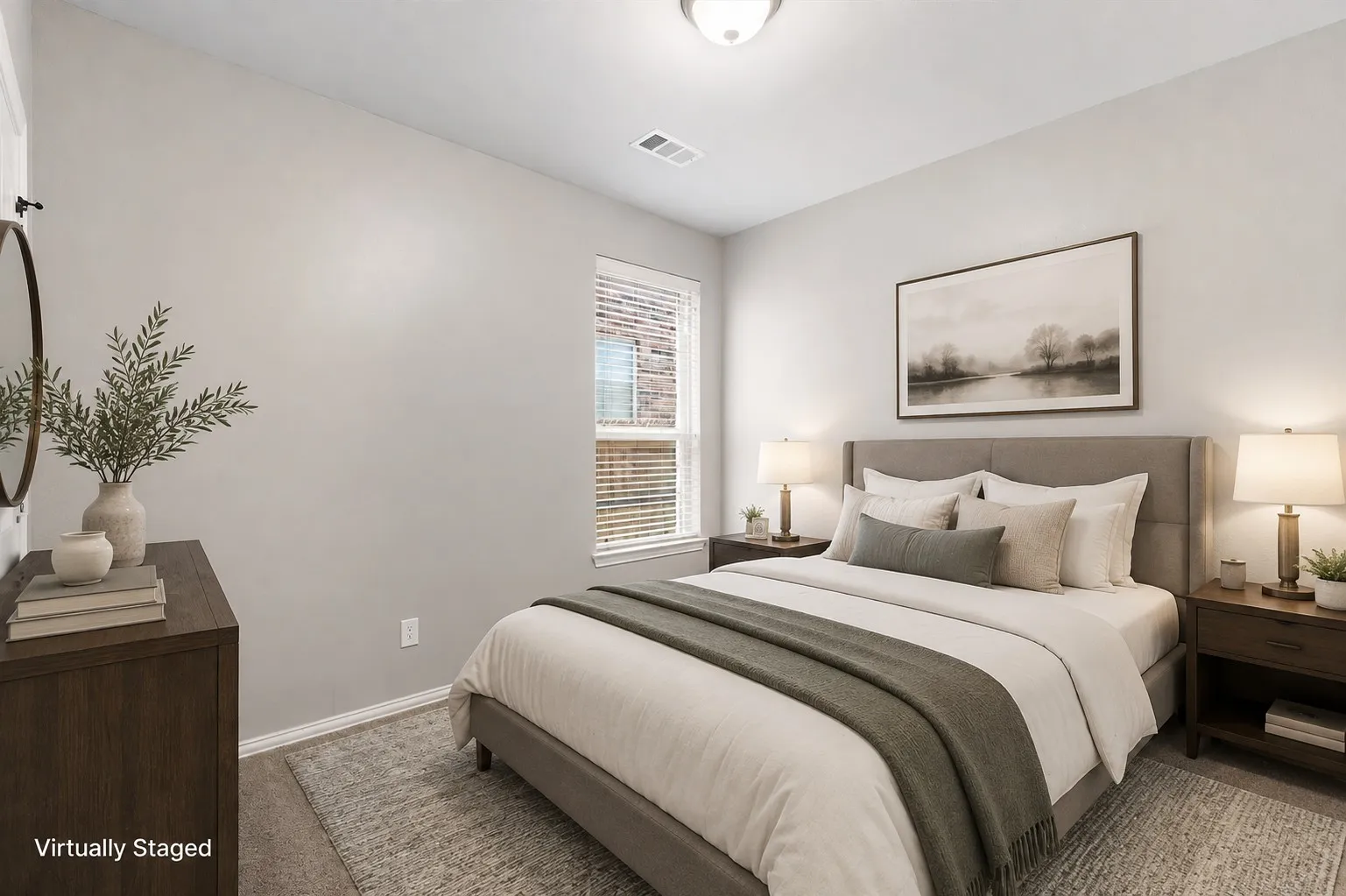 Recessed lighting, window with blinds, light gray wall finish, carpeted flooring, and a flush mount ceiling light