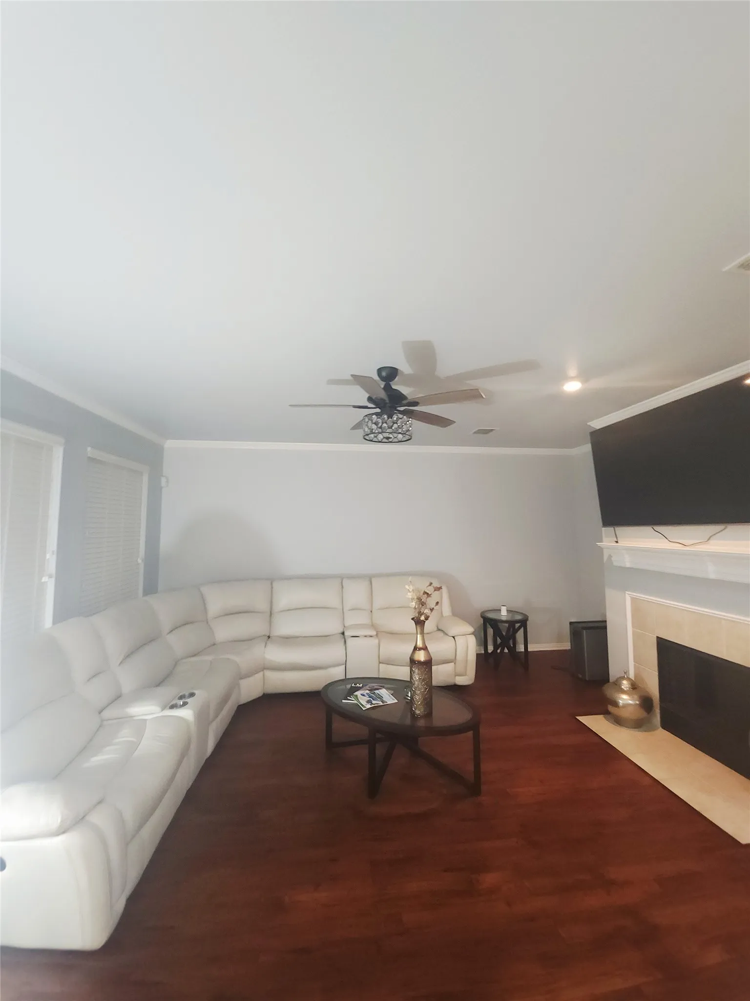 Living room, fireplace and hard wood finished vinyl flooring