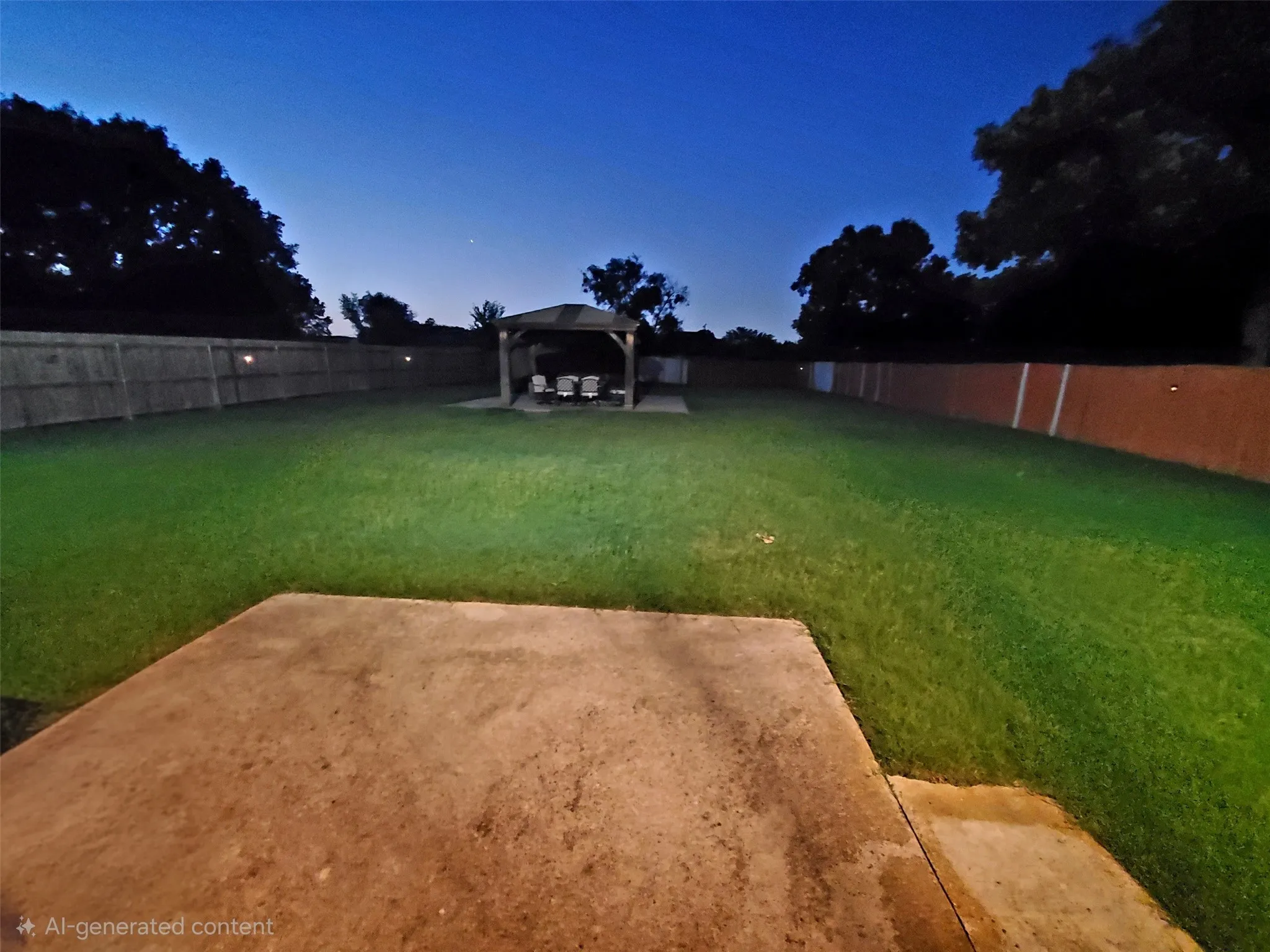Expansive backyard featuring a large concrete patio, a wooden gazebo with seating, and a perimeter fence