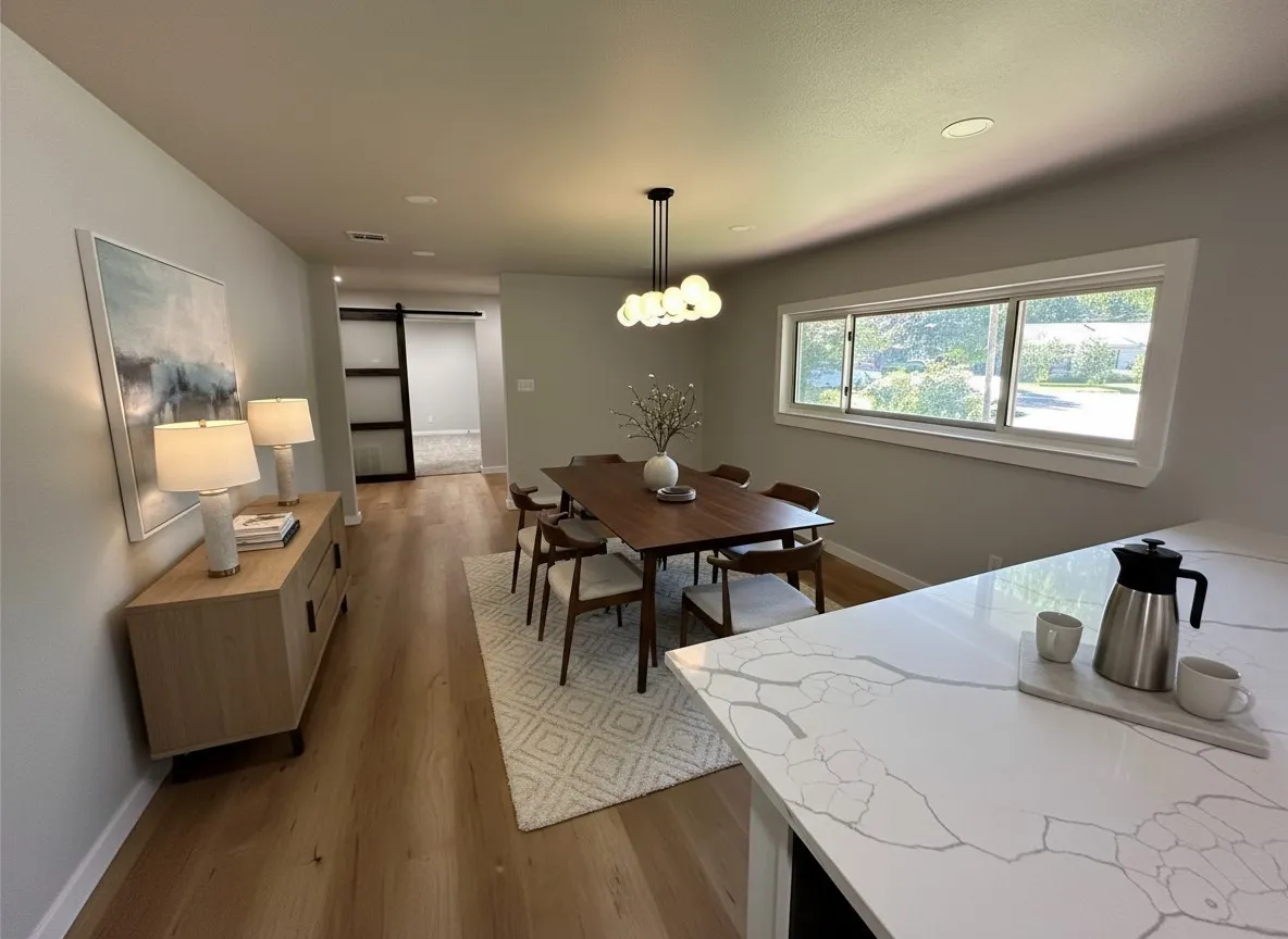 Virtually Staged Dining area with a barn door, dark wood-type flooring, and a chandelier