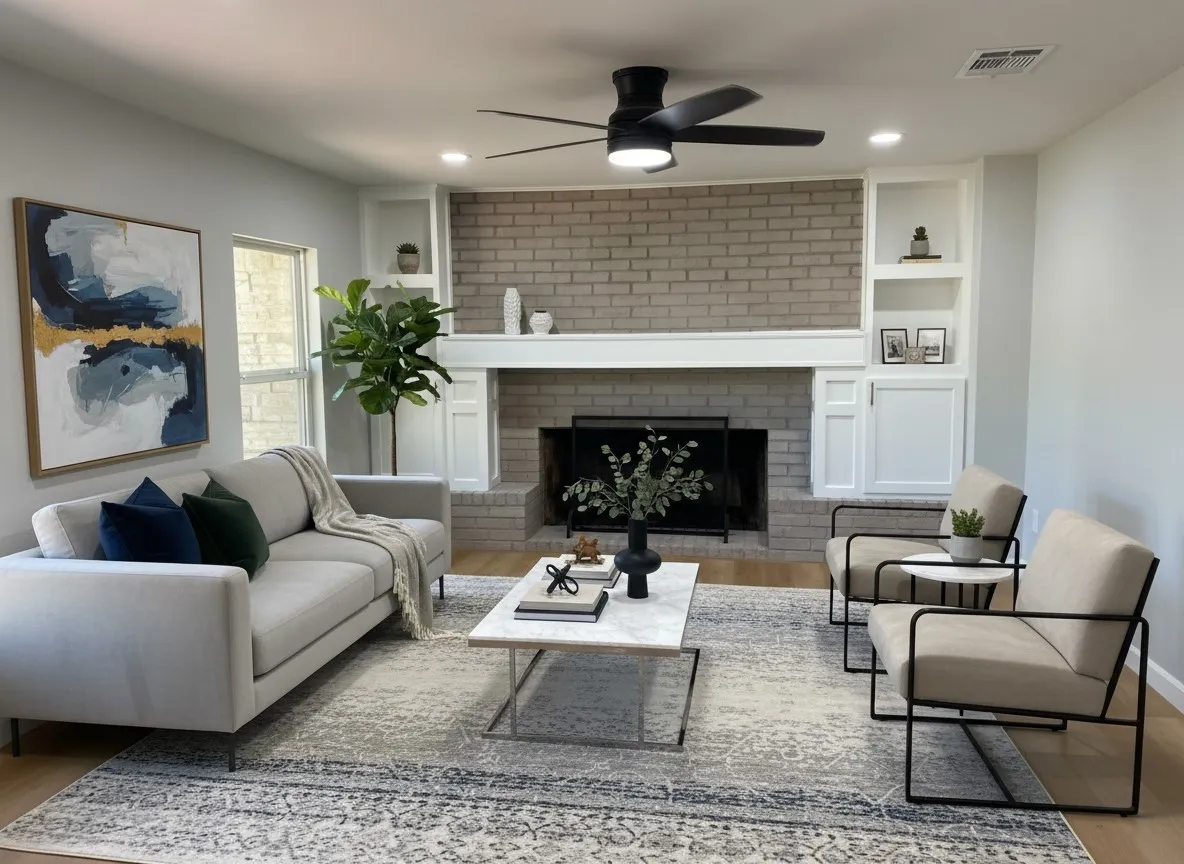 Virtually Staged Living room featuring built in features, ceiling fan, light wood finished floors, a fireplace, and recessed lighting Imagine the possibilities!