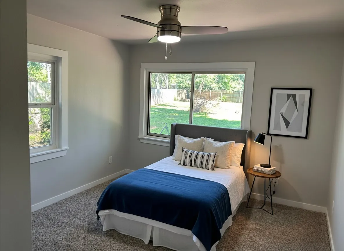 Virtually Staged Carpeted back bedroom featuring baseboards and ceiling fan Imagine the possibilities!