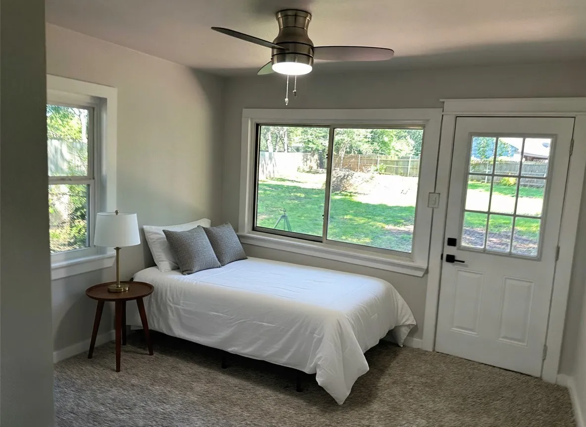 Virtually Staged Carpeted bedroom featuring baseboards and a ceiling fan,  Imagine the possibilities!