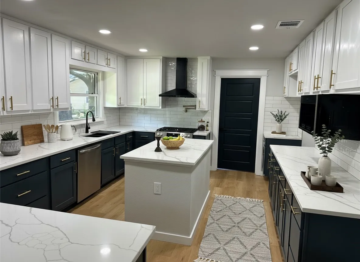 Kitchen featuring dual tone cabinets, light stone countertops, light wood-style flooring, stainless steel appliances, and decorative backsplash