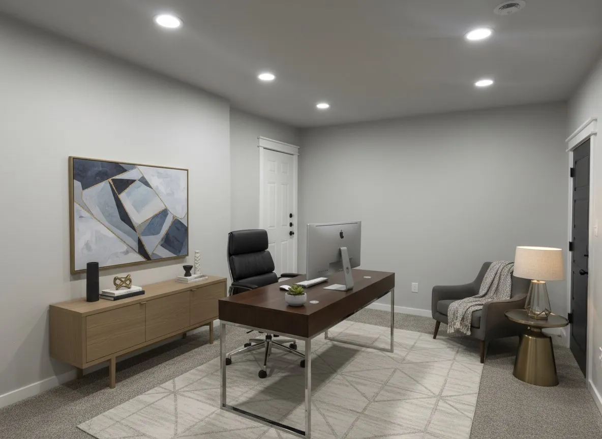 Virtually Staged Office space with recessed lighting and light carpet!  Imagine the possibilities!